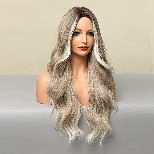 26 Inch Extra Long Wavy Ombre Blonde Wig with Dark Roots & Middle Part - Perfect for Cosplay, Halloween Costumes & Daily Fashion Styling