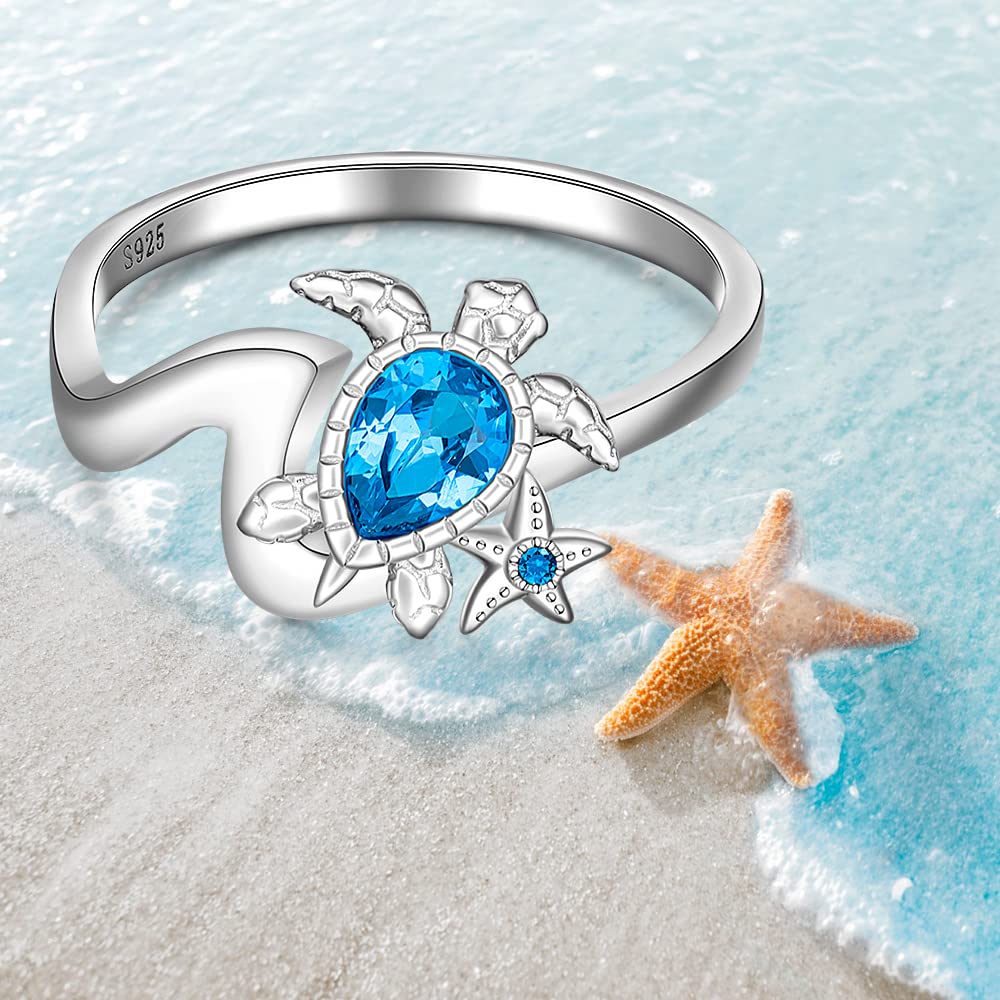 Wave Sea Turtle Ring Sterling Silver with Sapphire & Blue Zircon - Ocean Themed Jewelry for Women (Sizes 6-10) | Perfect Gift for Sister, Friend & Mom | Beach Wedding, Anniversary & Boho Fashion Accessory