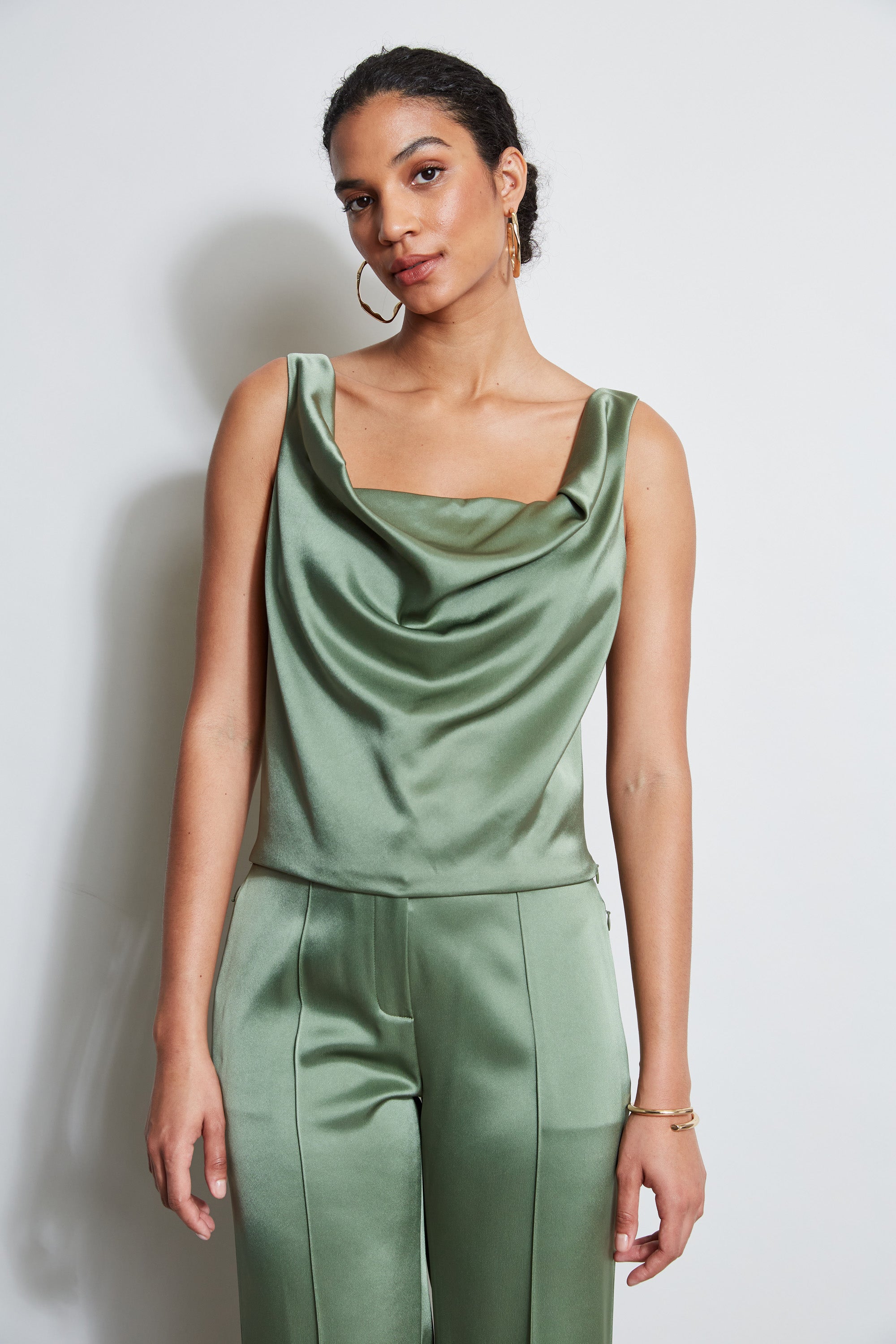 Satin Cowl Neck Cami Top - E401N504 Tuscan Olive - Women's Elegant Layering Piece for Evening Outfits & Special Occasions