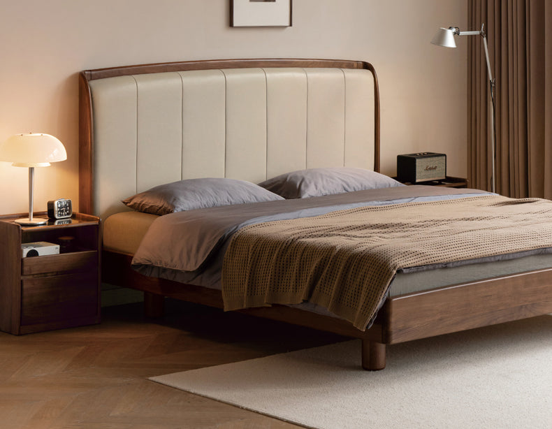 Premium Black Walnut & Ash Solid Wood Leather Upholstered Bed Frame - High Soft Back Support for Master Bedroom, Guest Room & Luxury Home Decor
