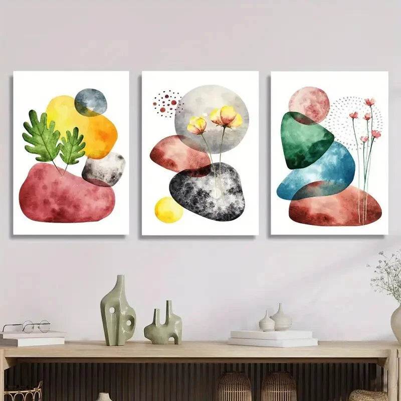 3-Piece Colorful Geometric Stones & Botanical Flower Metal Wall Art Prints - Ready to Hang Home Decor for Living Room, Bedroom, or Office