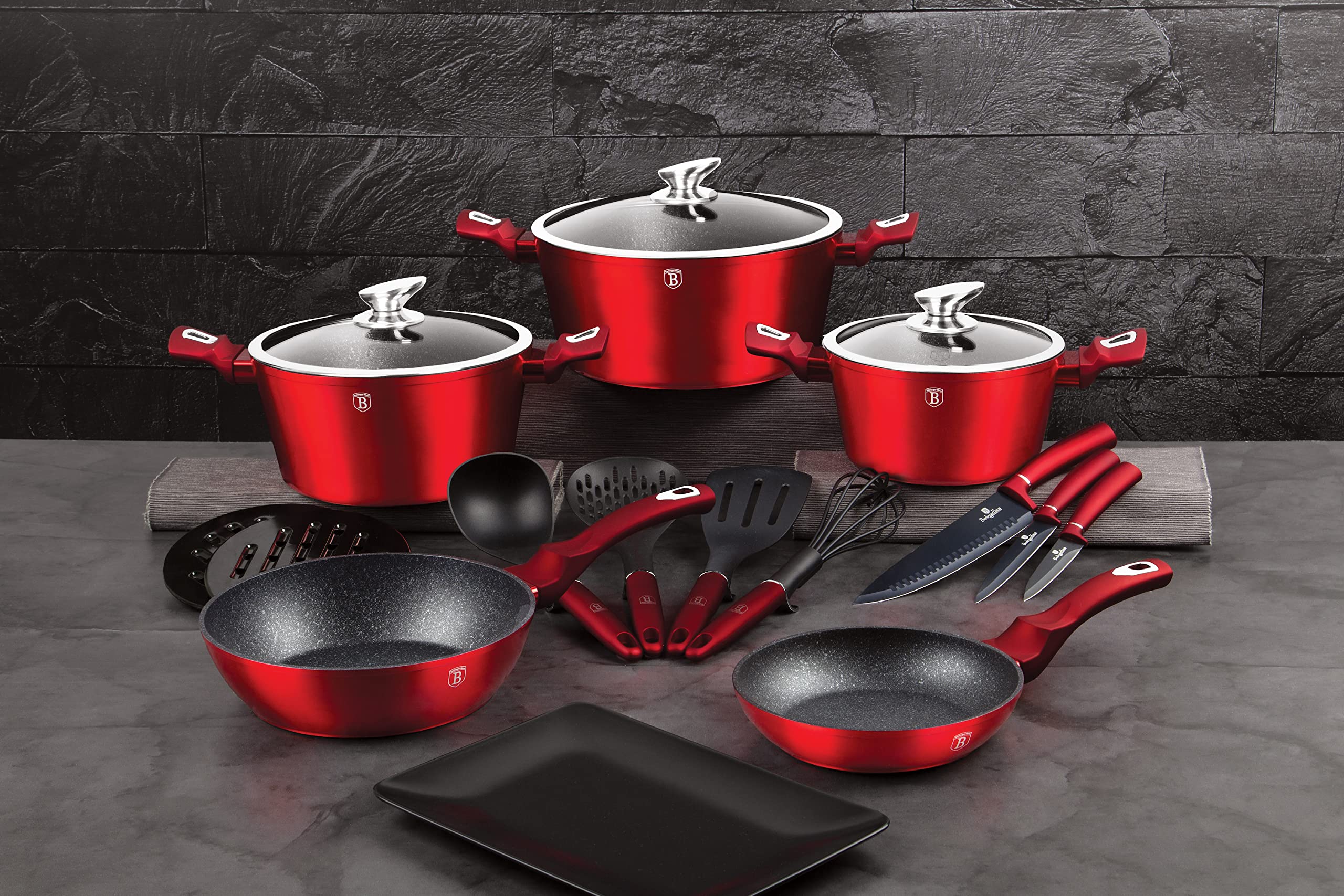 Berlinger Haus 17-Piece Nonstick Cookware Set with Utensils & Knife Set - Turbo Induction Pots & Pans, Ergonomic Handles, Dishwasher Safe (Red) - Perfect for Home Cooking, Professional Chefs & Gift Giving