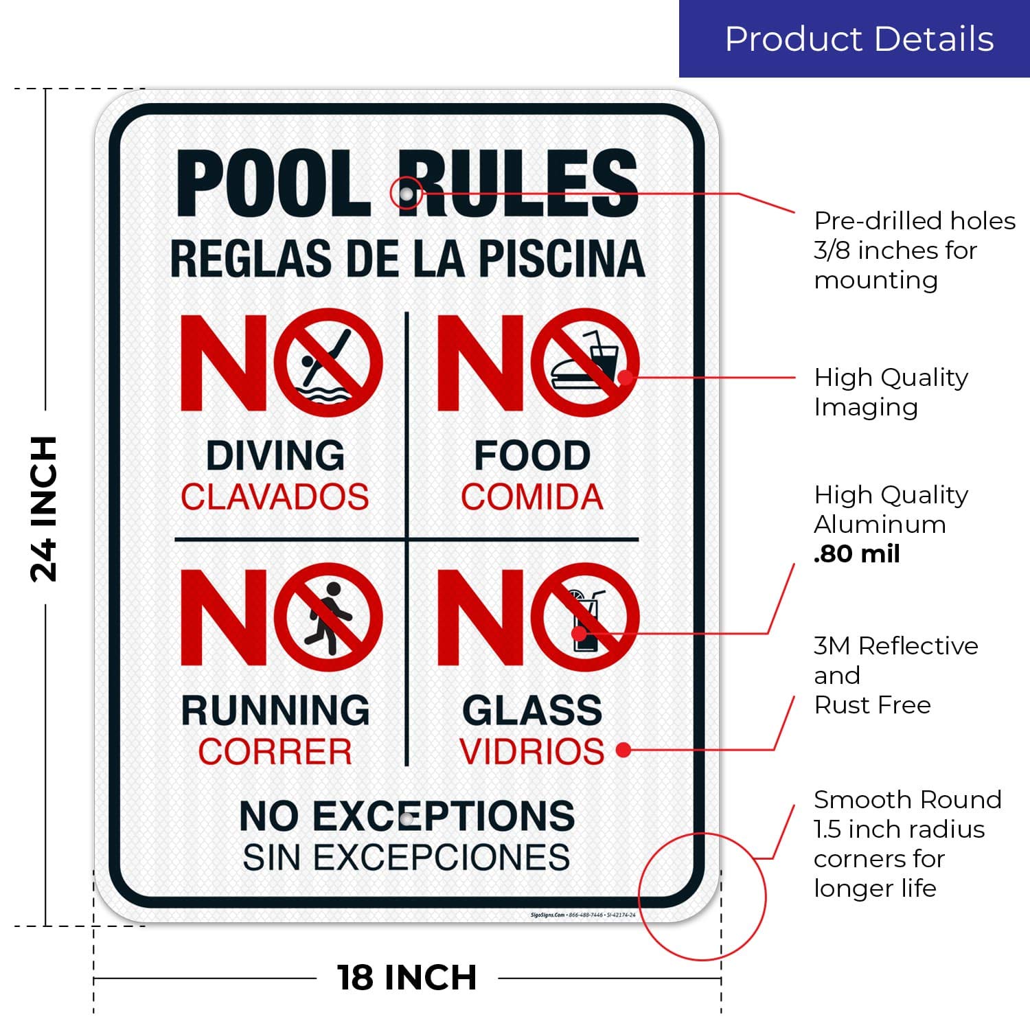 Bilingual Pool Rules Sign - No Diving, No Running, No Food, No Glass | 18x24 Inches | 3M EGP Reflective .080 Aluminum | Fade Resistant | Indoor/Outdoor Use | Made in USA | Perfect for Public Pools, Water Parks & Backyard Swimming Areas