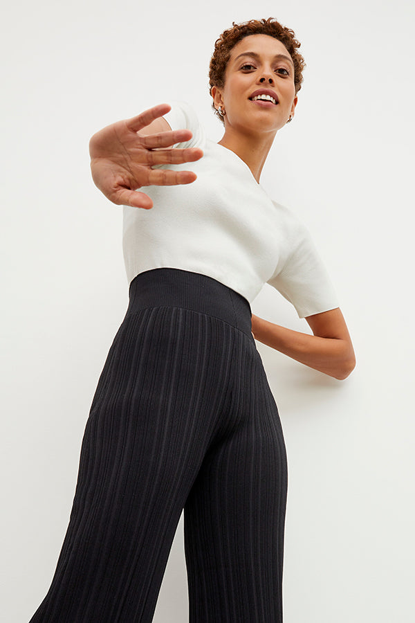 Marijane Pant Textured Knit Women's High Waisted Pants - Black | Comfortable Stretchy Lounge Pants for Yoga, Travel & Casual Wear