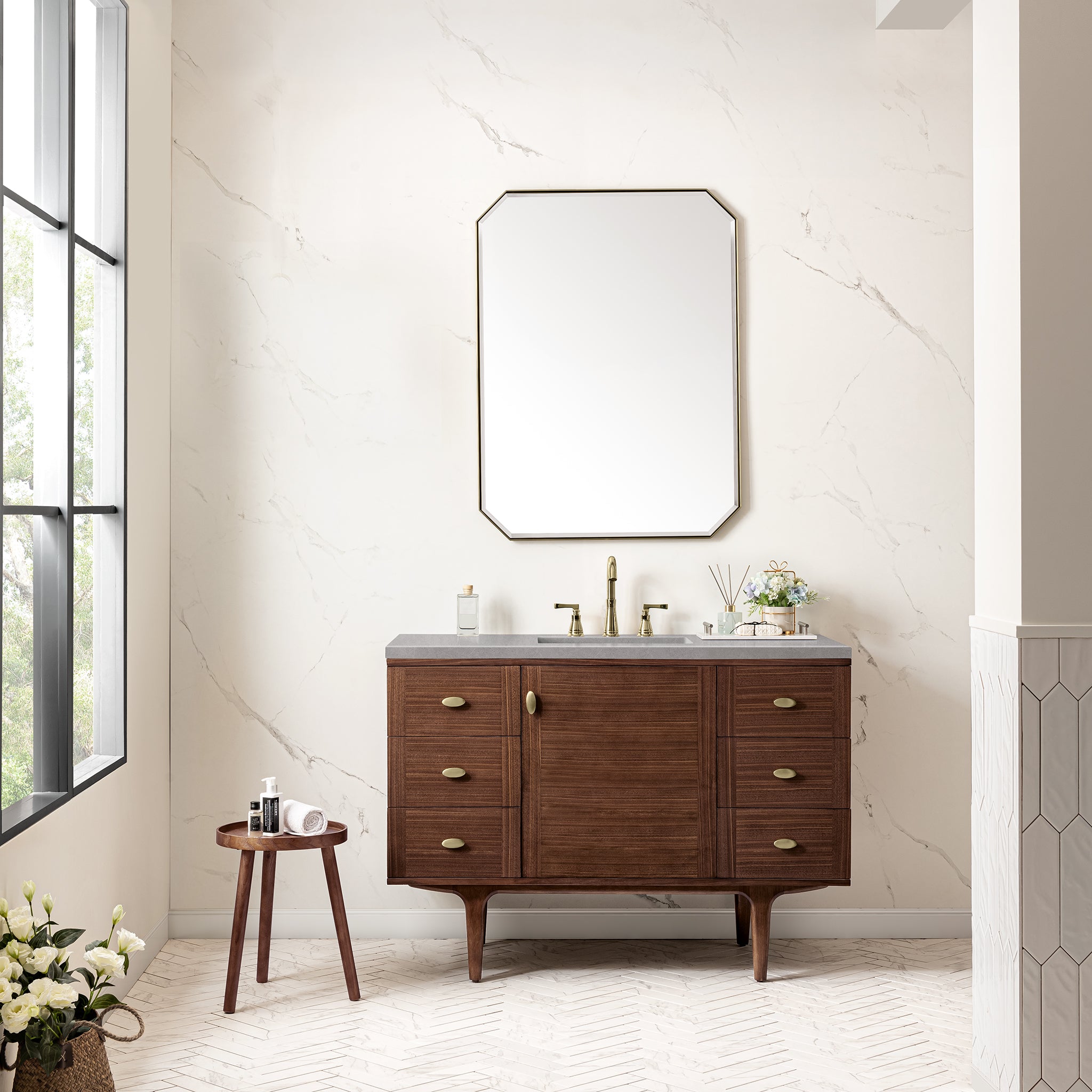 Amberly 48 Inch Single Bathroom Vanity with Mid Century Walnut Finish & 3CM Eternal Serena Stone Top - Perfect for Modern Master Bathrooms and Powder Rooms