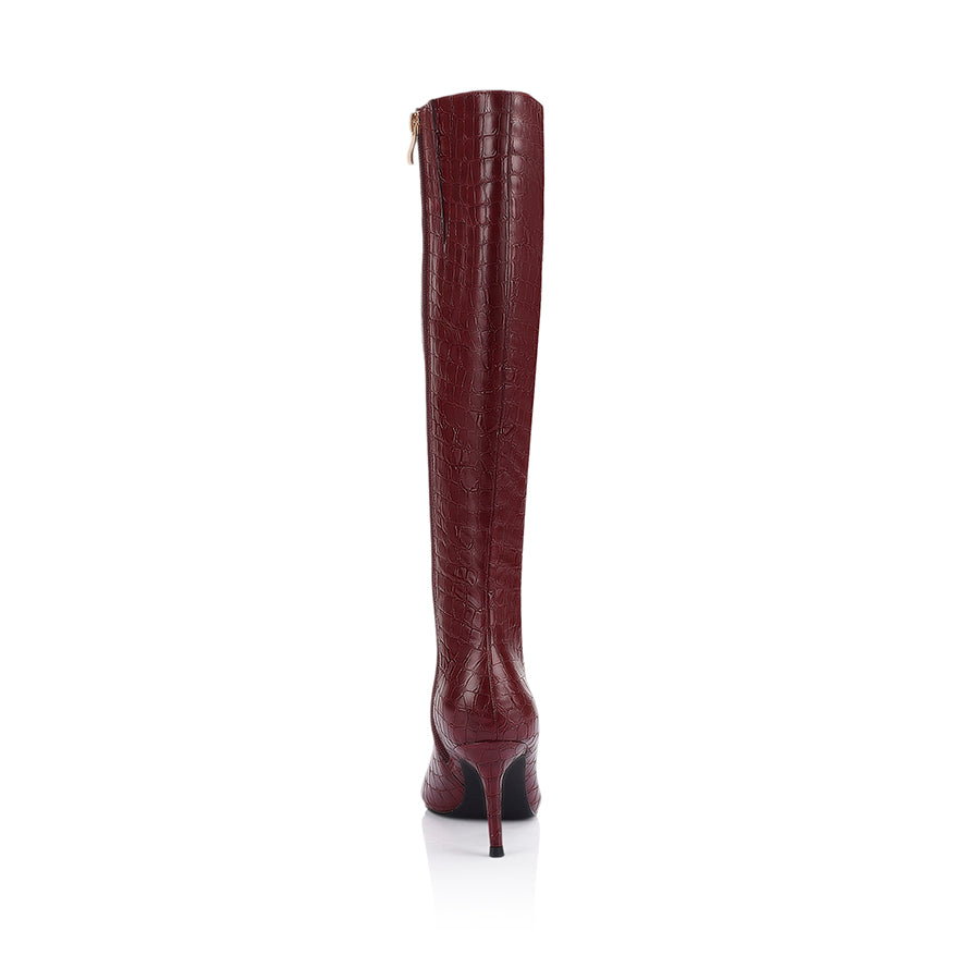 Bessie Women's Knee High Tall Boots in Wine Croc Embossed Leather - Stylish Winter & Fall Fashion for Casual Outfits and Office Wear