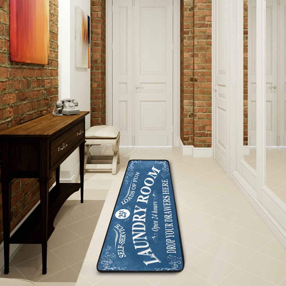 Farmhouse Laundry Room Rug - Machine Washable Runner Mat 72x24 Inches, Blue - Perfect for Laundry Room Floor Protection & Farmhouse Decor