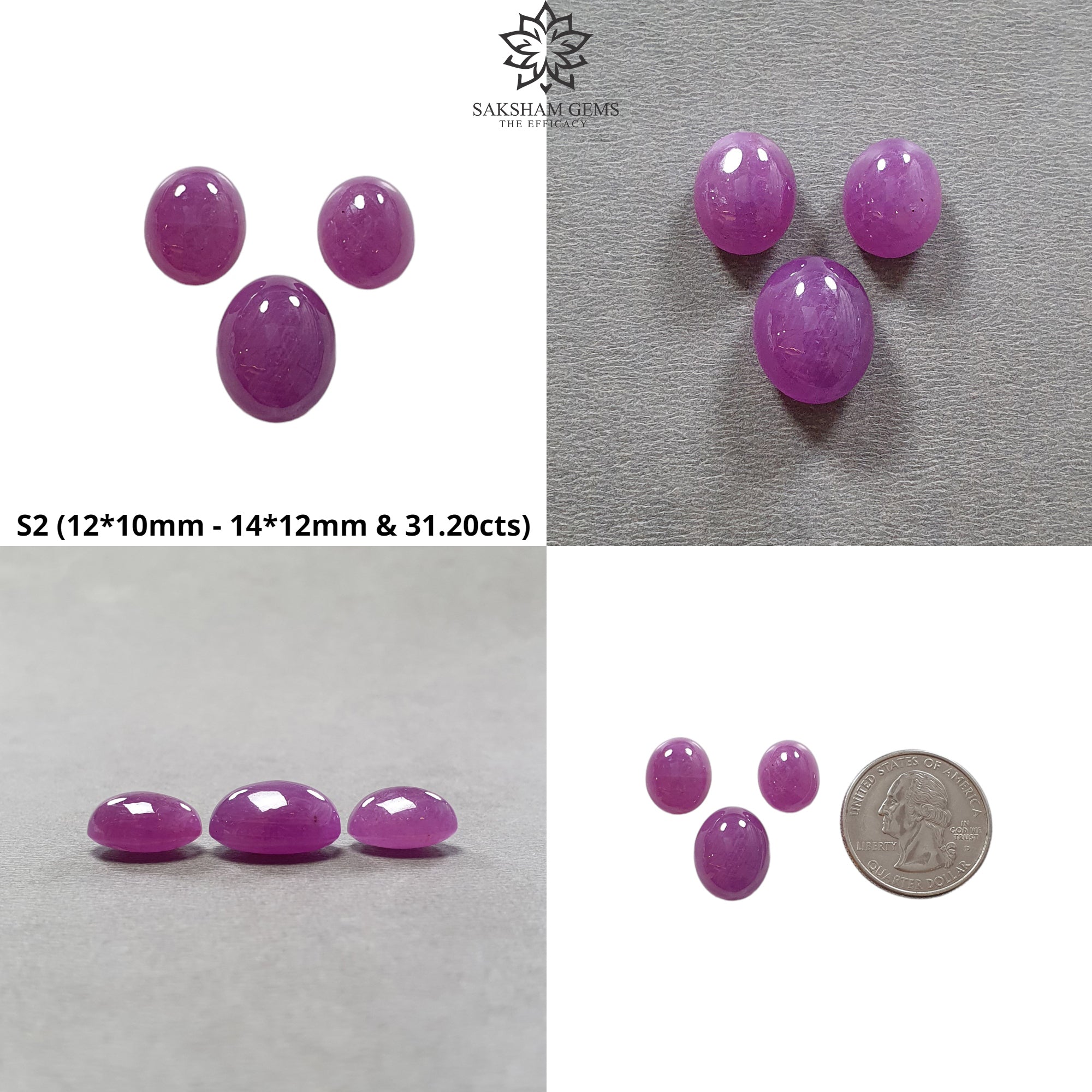 Natural Untreated Unheated Purple Ruby Gemstone Cabochon - Oval Shape (3pcs) for Jewelry Making, DIY Crafts & Healing Crystals
