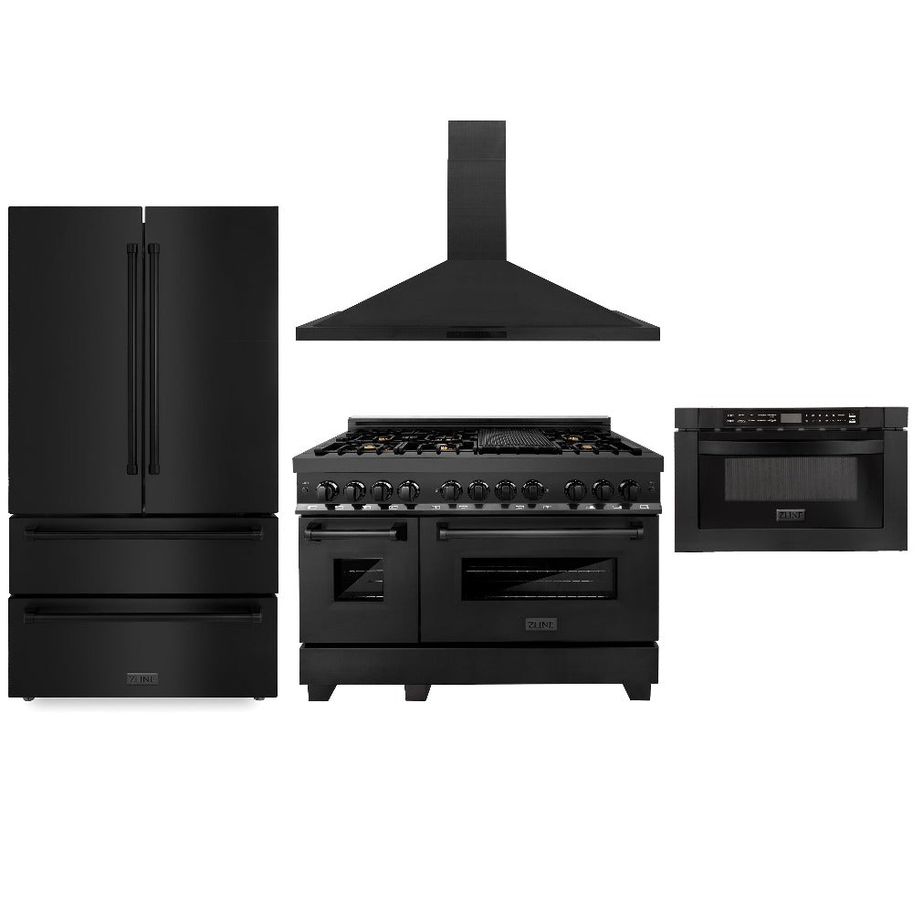 ZLINE 48-inch Black Stainless Steel Kitchen Package - Dual Fuel Range, Range Hood & Microwave Drawer (4KPR RABRH48 MW) | Premium Appliance Bundle for Modern Kitchens, Home Renovations & Chef-Inspired Cooking Spaces