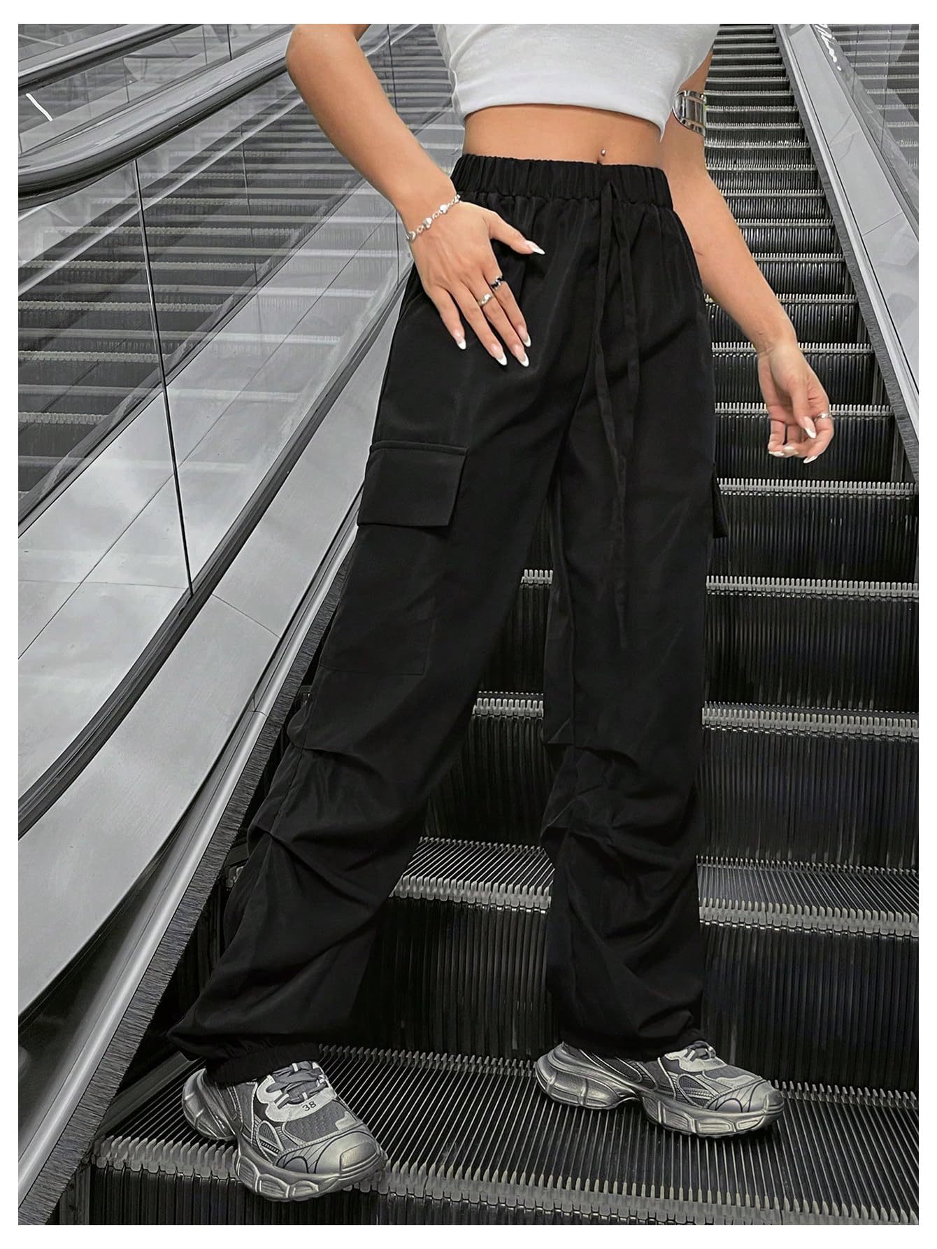 MakeMeChic Women's Casual Baggy Cargo Pants - Drawstring Waist, Wide Leg Design with Flap Pockets | Perfect for Streetwear, Workout & Travel Outfits