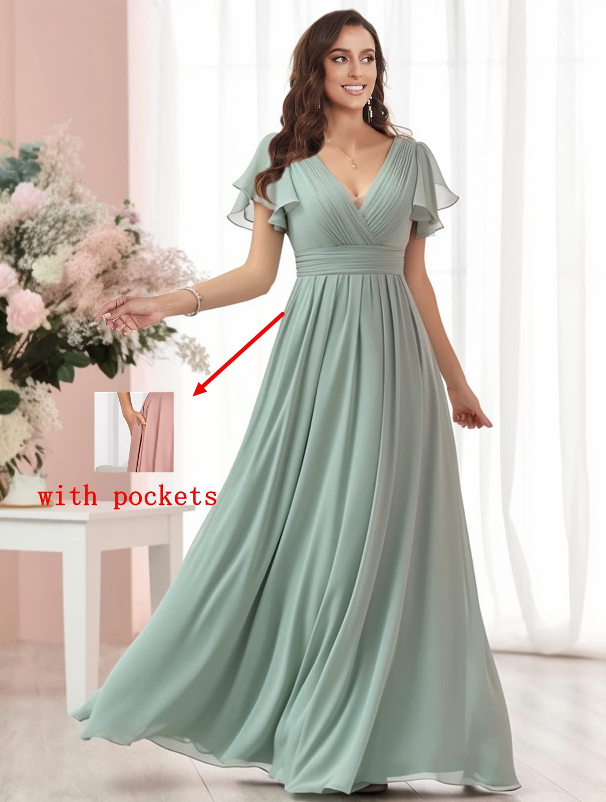 Elegant V-Neck Chiffon Bridesmaid Dress with Sleeves - Long Formal Evening Gown for Weddings, Parties & Special Occasions