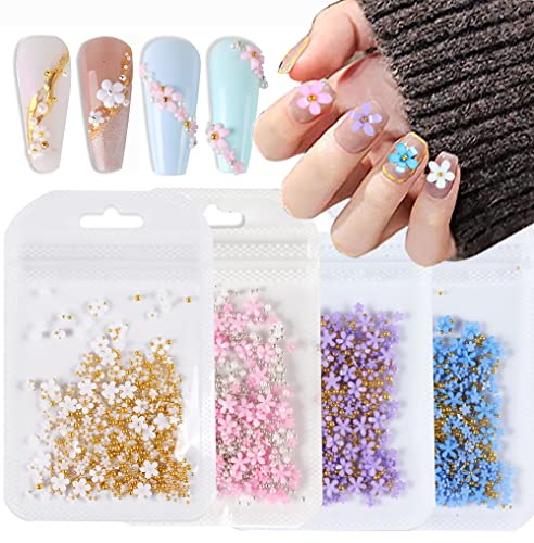 3D Flower Nail Charms - Gold & Silver Beads with Pearls for Acrylic Nails | DIY Nail Art Design Kit for Women | Perfect for Bridal, Party & Salon Nail Decoration