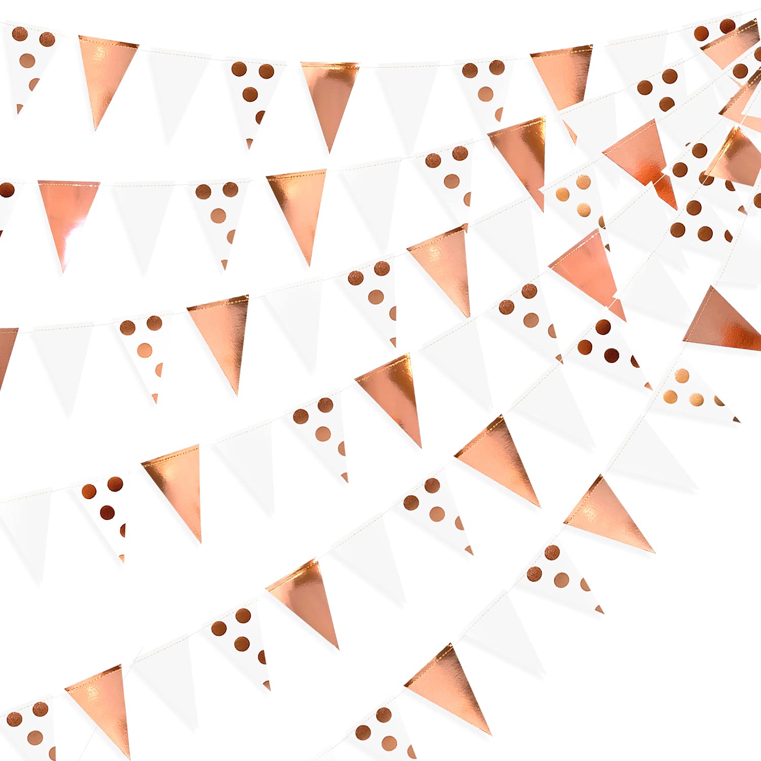 30Ft Rose Gold Polka Dot Foil Pennant Banner - Triangle Paper Flags Garland for Birthday, Wedding, Baby Shower, Anniversary & Christmas Decor | Party, Home & Event Decoration