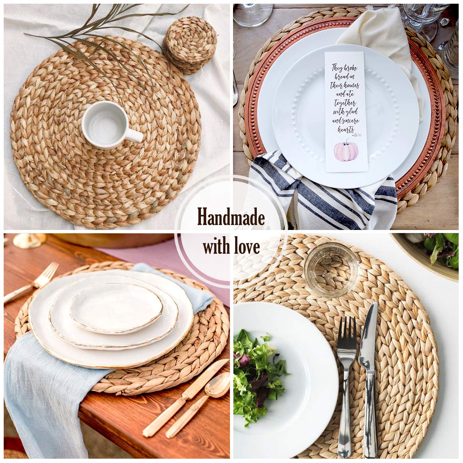 Boho Placemats Set of 8 - Round Woven Water Hyacinth Wicker & Straw Placemats for Dining Table - 11.8 Inch Natural Fiber Table Mats - Perfect for Farmhouse, Rustic, or Coastal Home Decor