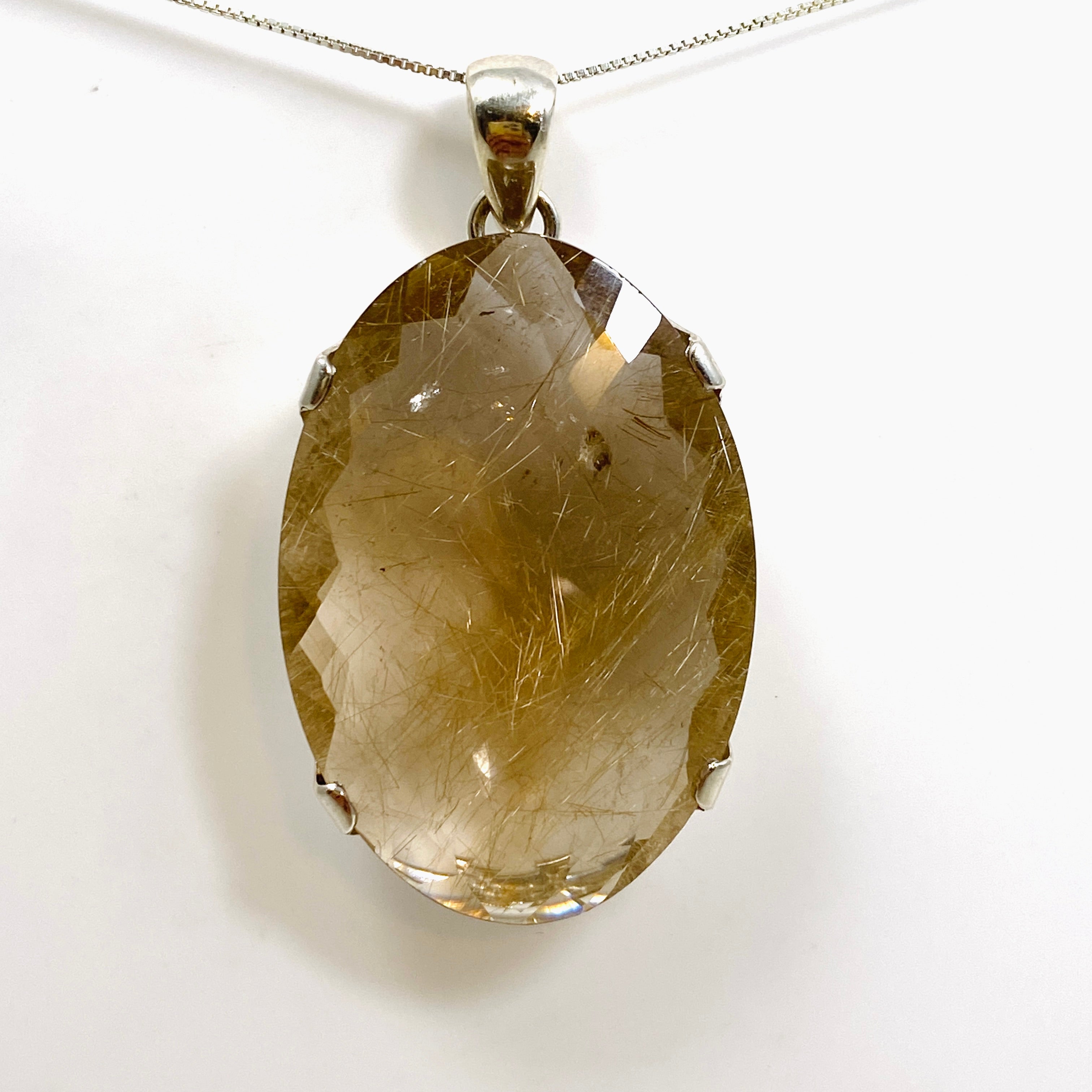 Golden Rutile Quartz Oval Checkerboard Faceted Pendant Necklace - Natural Gemstone Jewelry for Women - Perfect for Gifts, Weddings & Special Occasions