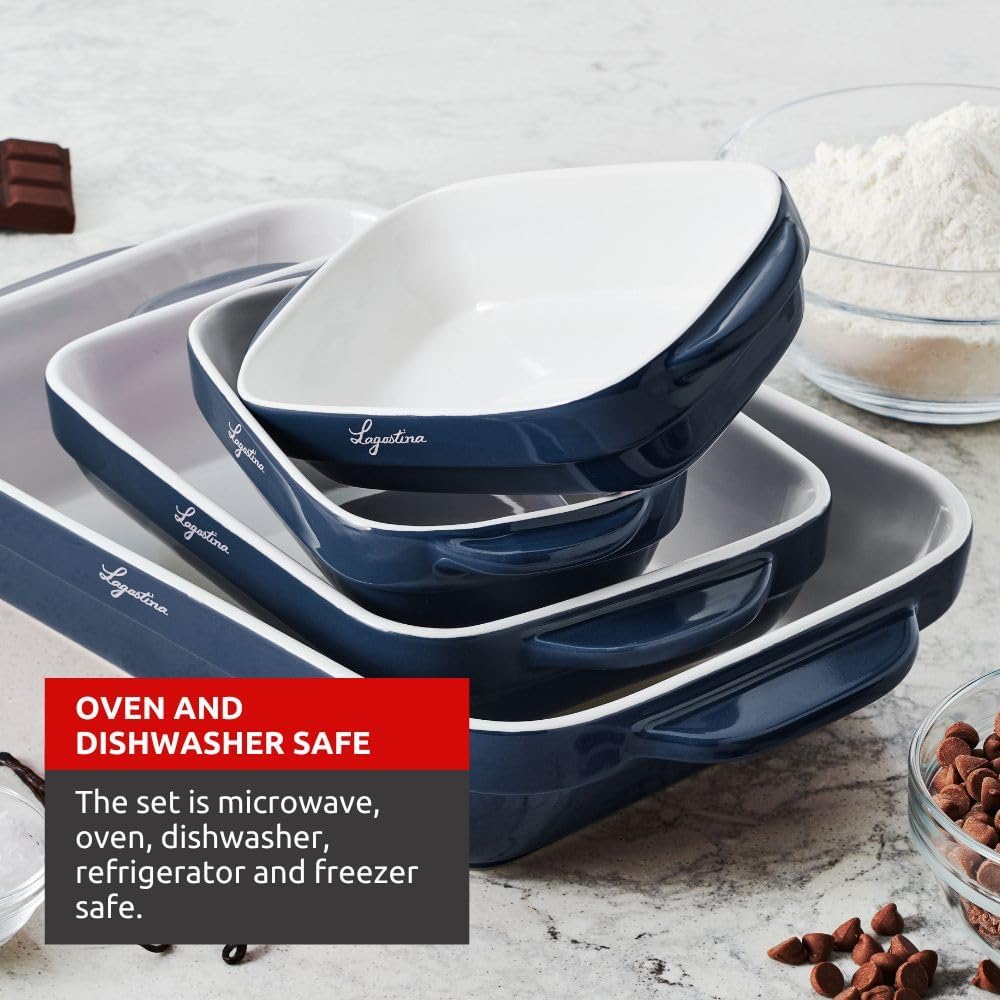 LAGOSTINA L913411404B Blue Ceramic 4-Piece Bakeware Set - Nonstick Baking Dish Set for Casseroles, Lasagna, Brownies & More - Oven & Dishwasher Safe