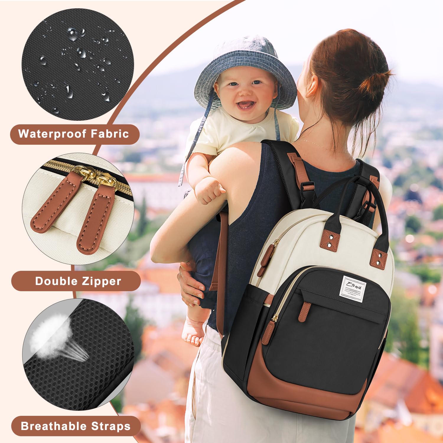 ETRONIK Baby Diaper Backpack - Large Multifunctional Travel Diaper Bag for Boys & Girls with Insulated Bottle Pockets & Changing Pad - Perfect for Daycare, Travel & Outings