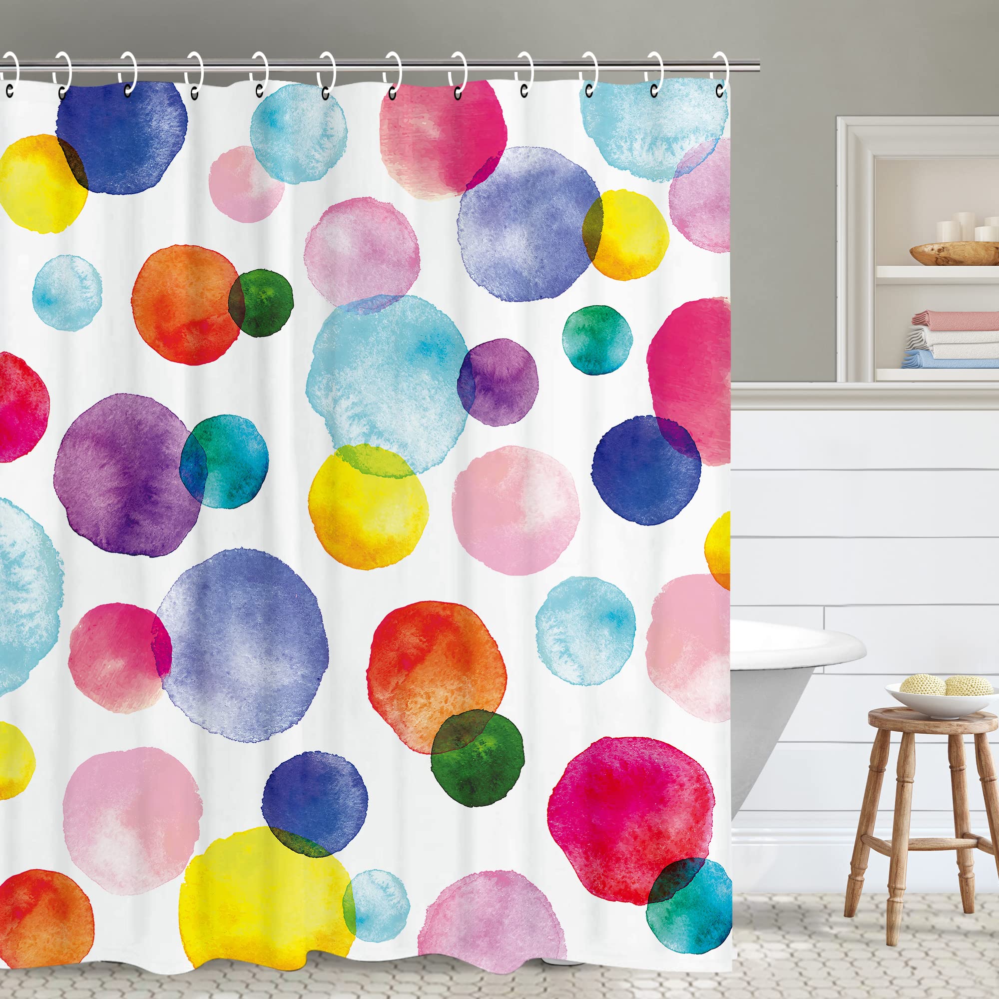 RosieLily Watercolor Polka Dot Circles Waterproof Shower Curtain Set for Kids - 72 x 84 Inches with 12 Hooks - Purple, Orange & Blue Washable Bathroom Decor - Perfect for Children's Bathrooms, Playrooms & Nursery Decorations