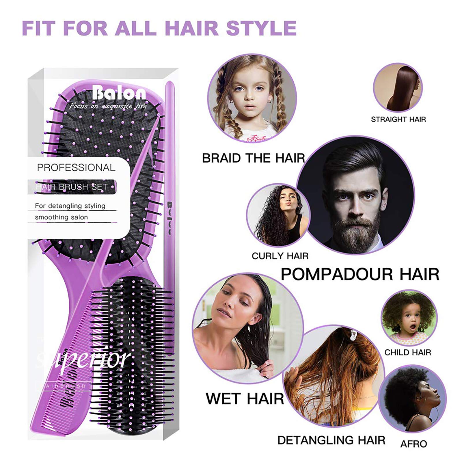 4Pcs Hair Brush Set for Women - Detangling Paddle Brush & Comb for Wet or Dry Hair - No Tangle Hair Care for Straight, Long, Thick, Curly & Natural Hair (Purple) - Perfect for Daily Styling, Salon Use & Travel Essentials