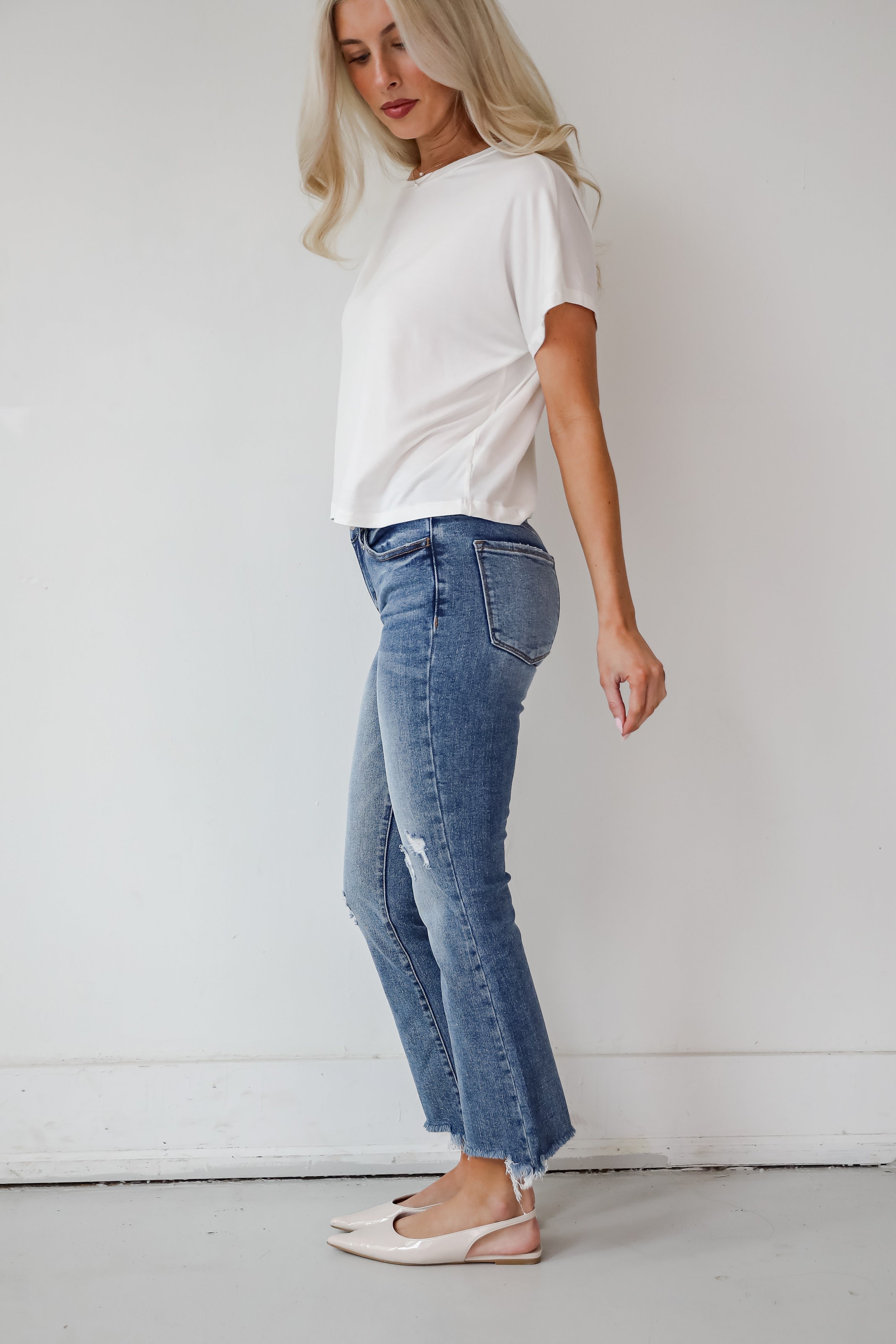 Amber Medium Wash Mid Rise Ankle Bootcut Jeans for Women - Comfortable Stretch Denim Pants for Casual Wear & Everyday Outfits