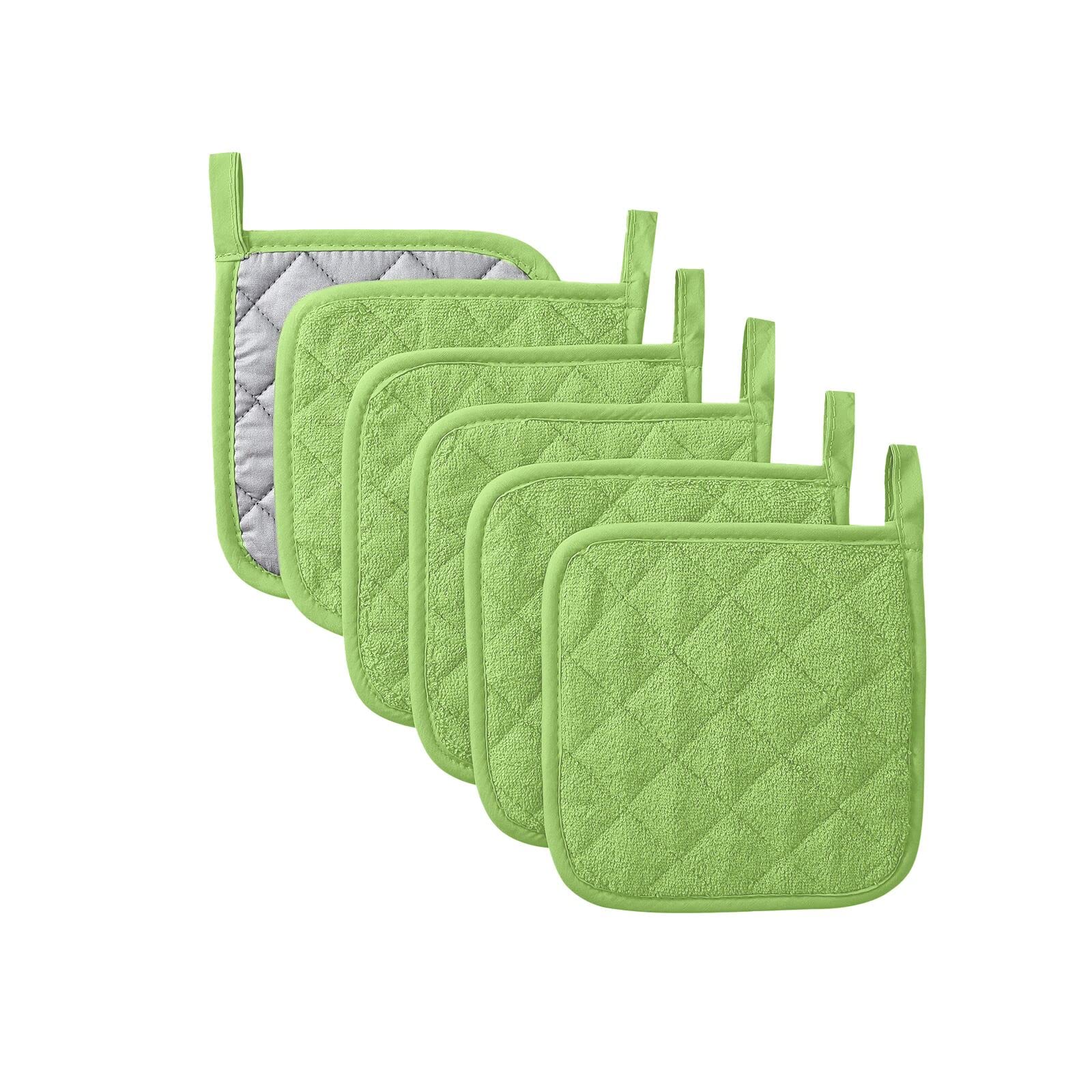 Heat Resistant Cotton Kitchen Pot Holders Set - 7 x 7 Inch (Set of 6) with Trivets & Coasters for Cooking, Baking & Serving - Apple Green - Perfect for Oven, Stovetop & Hot Dish Handling