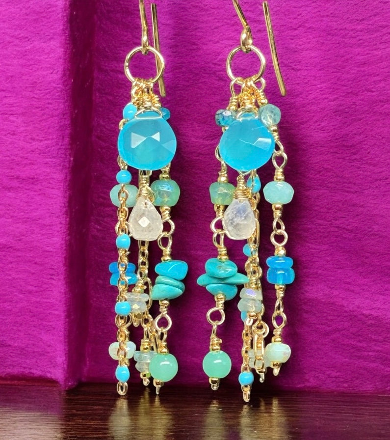 Blue Aqua Turquoise Gemstone Dangle Earrings - 14K Gold Filled Boho Chic Jewelry for Women - Perfect for Weddings, Parties & Everyday Wear