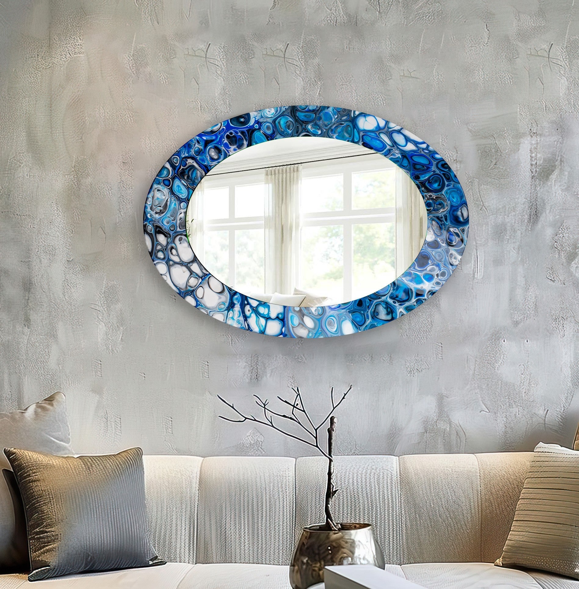 Blue Modern Oval Wall Mirror - Elegant Home Decor for Living Room, Bedroom & Entryway - Perfect for Adding Style & Space
