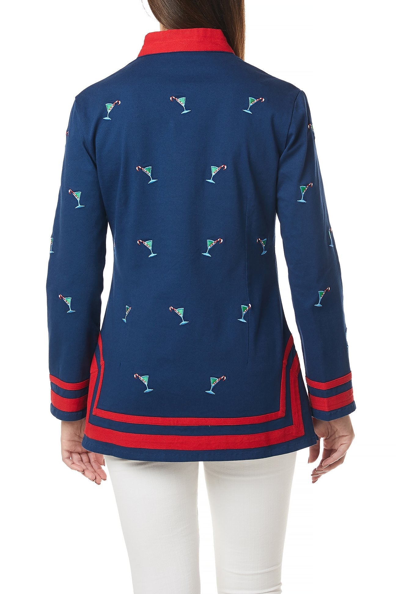 Women's Nantucket Navy Tunic Top with Martini Candy Cane & Red Trim - Casual Beachwear, Holiday Party & Office Wear