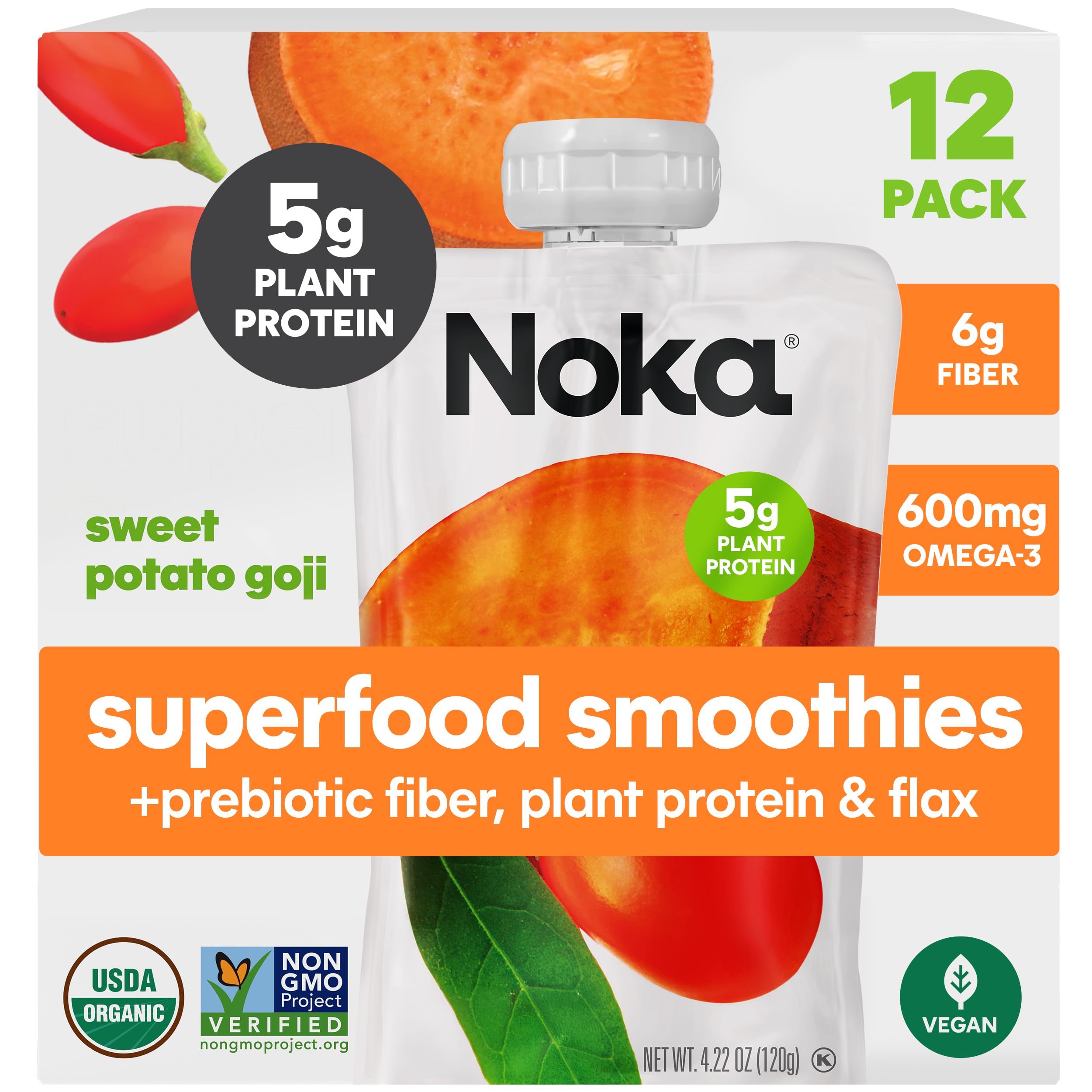 Organic Superfood Fruit Smoothie Pouches - Sweet Potato Goji with Flax Seed, Plant Protein & Prebiotic Fiber | Vegan, Gluten Free Healthy Snacks | 4.22 oz Squeeze Pouch (12 Pack) | Perfect for On-the-Go Nutrition, Kids Lunchboxes & Post-Workout Recovery