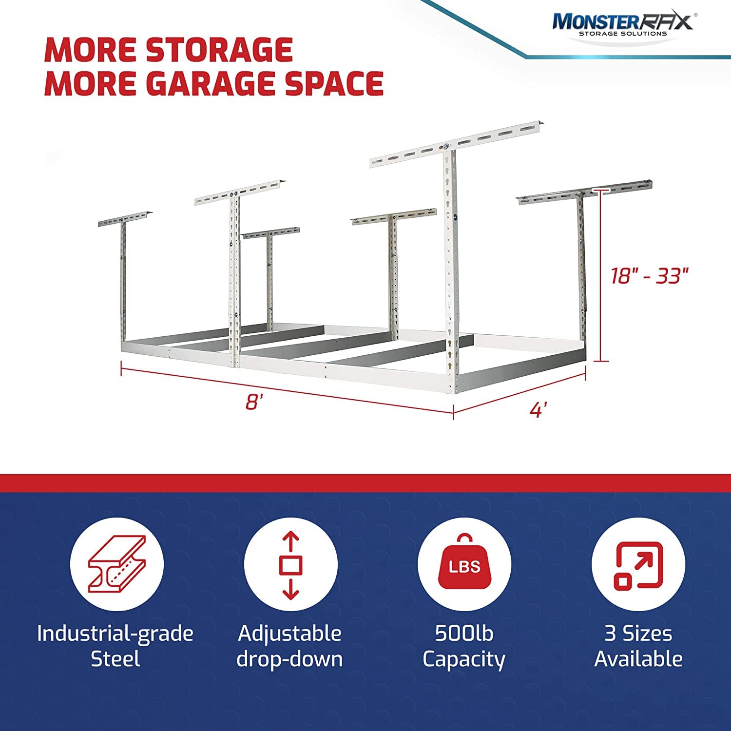 MonsterRax 4x8 Overhead Garage Storage Rack Frame Kit - Heavy Duty Hanging Shelves, Adjustable Ceiling Storage System (18