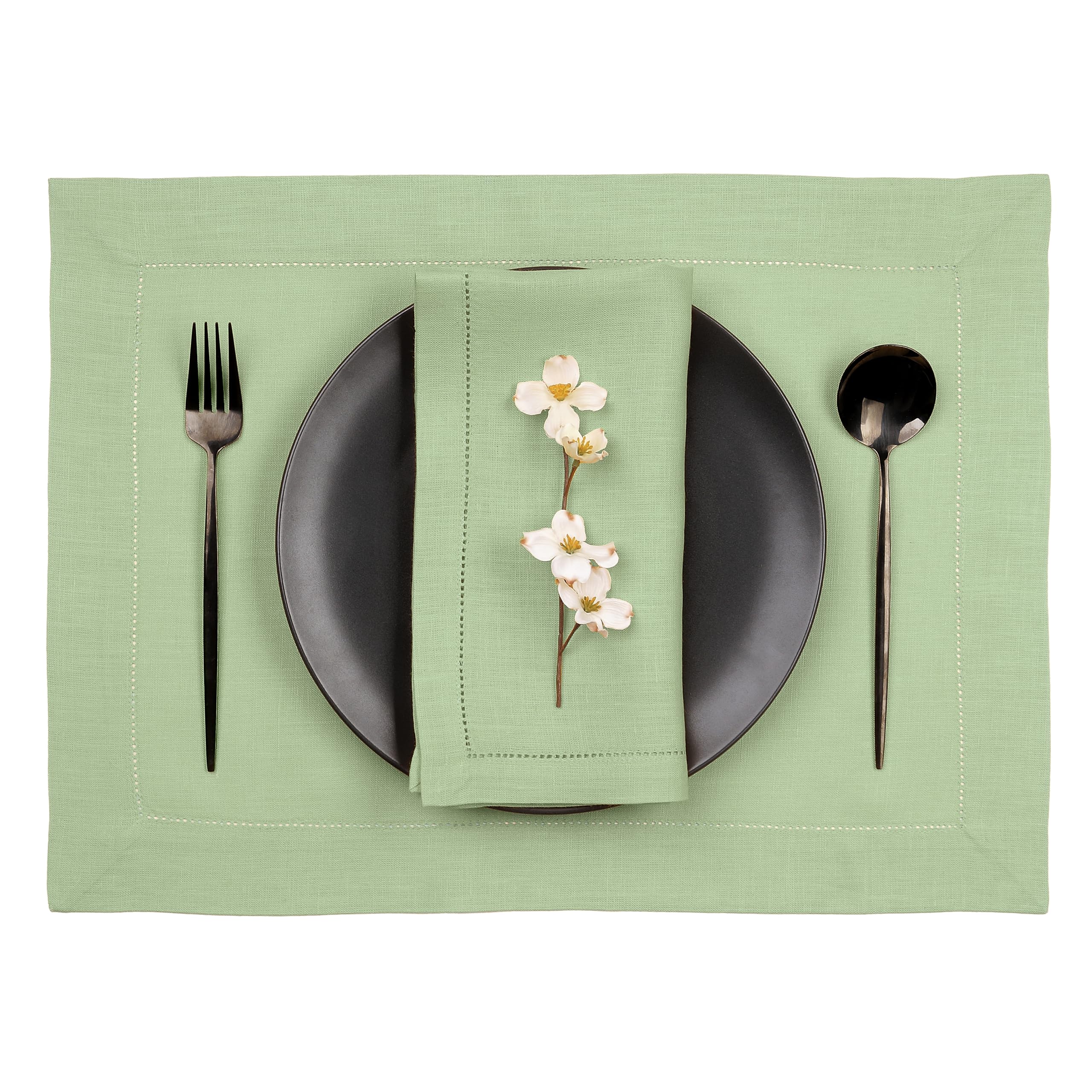 D'Moksha Homes 100% Pure Linen Placemats Set of 4 - Sage Green 14x19 Inch with Classic Hemstitch, Washable Table Mats for Dining, Easter, Spring & Everyday Decor