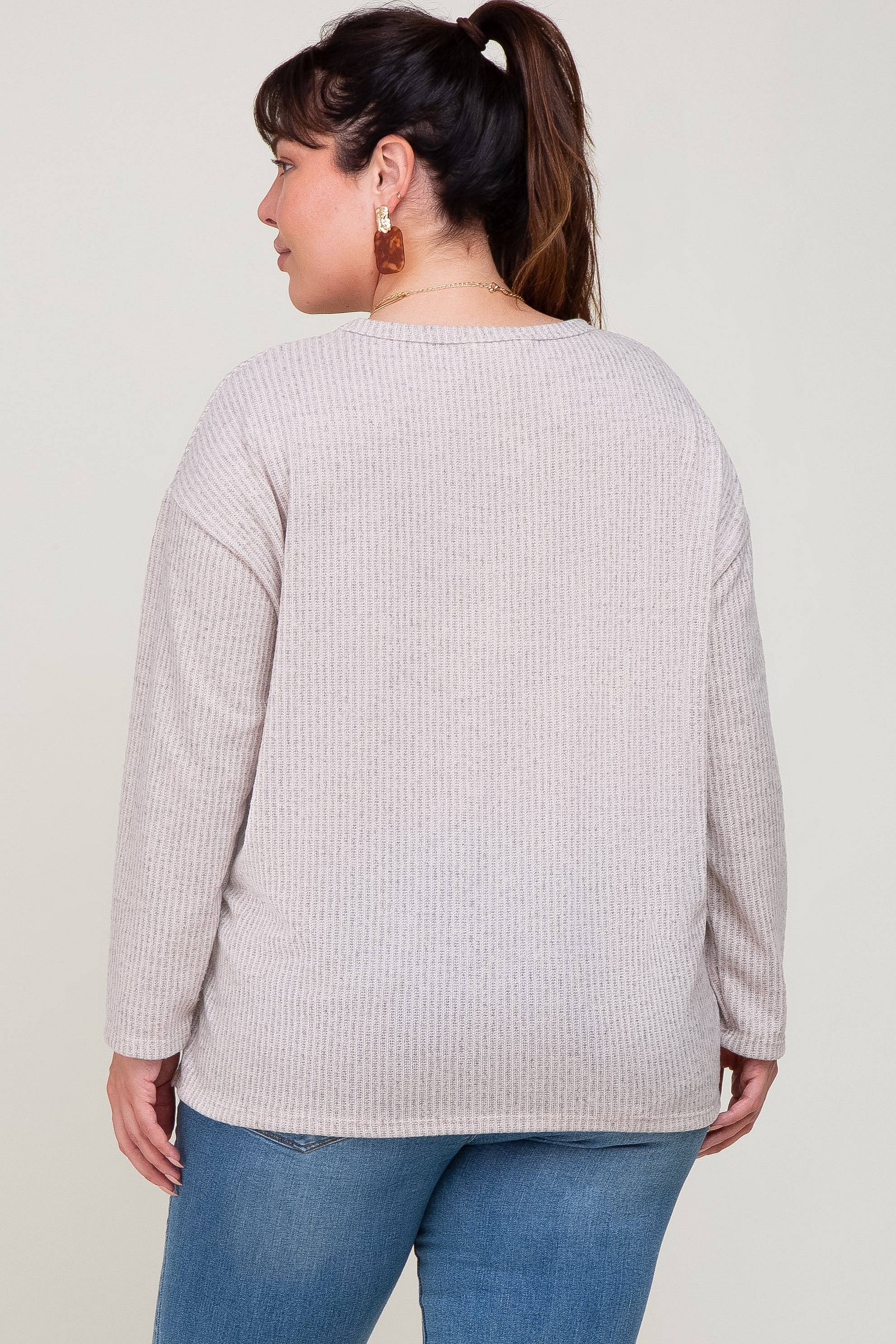 Beige Striped Brushed Long Sleeve T-Shirt for Women - Soft Comfortable Casual Top for Fall & Winter - Perfect for Layering, Office Wear & Weekend Outfits