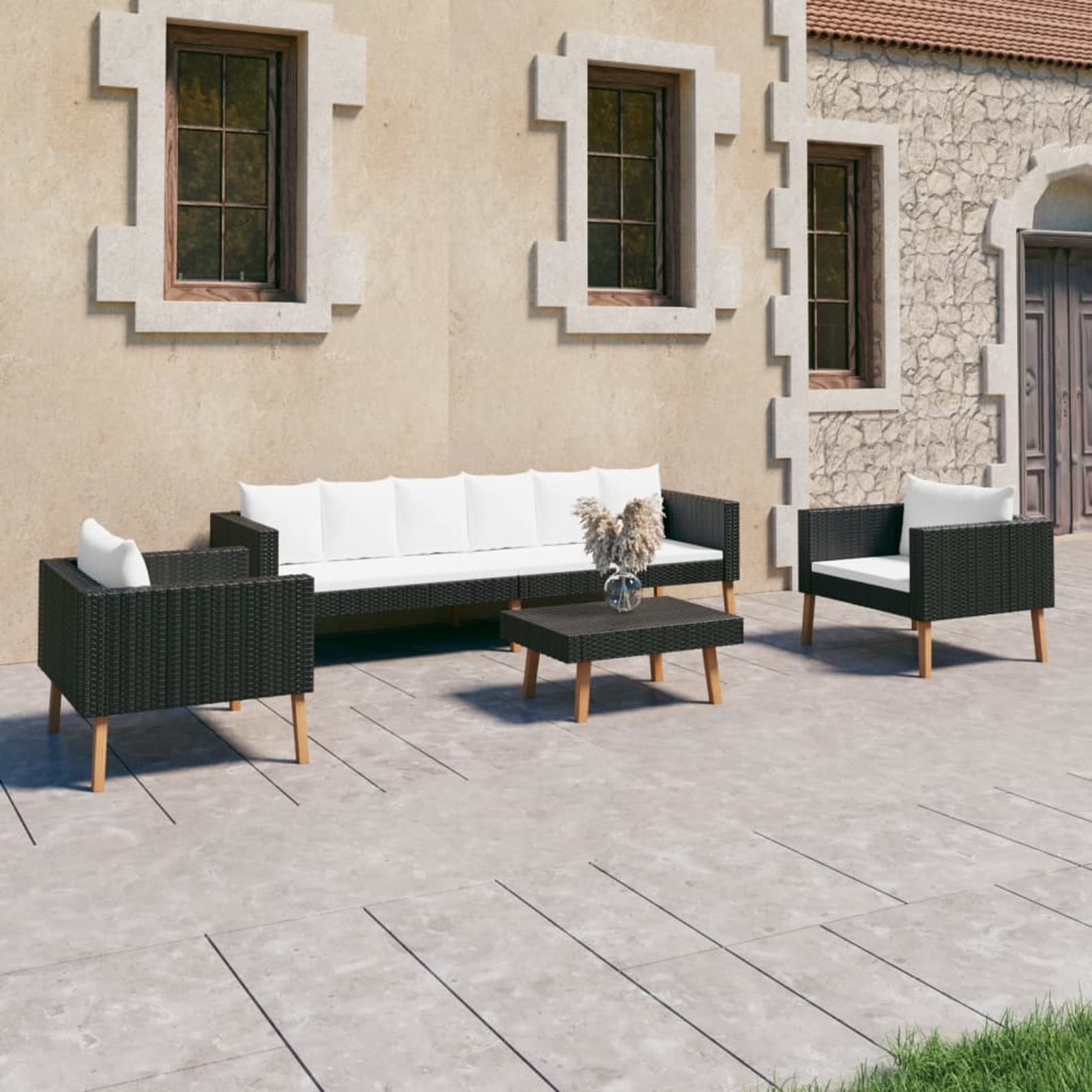 Festnight 4-Piece All-Weather Patio Lounge Set - Black Poly Rattan Sectional Sofa with Cushions & Coffee Table - Outdoor Garden Furniture for Backyard, Poolside or Deck Relaxation