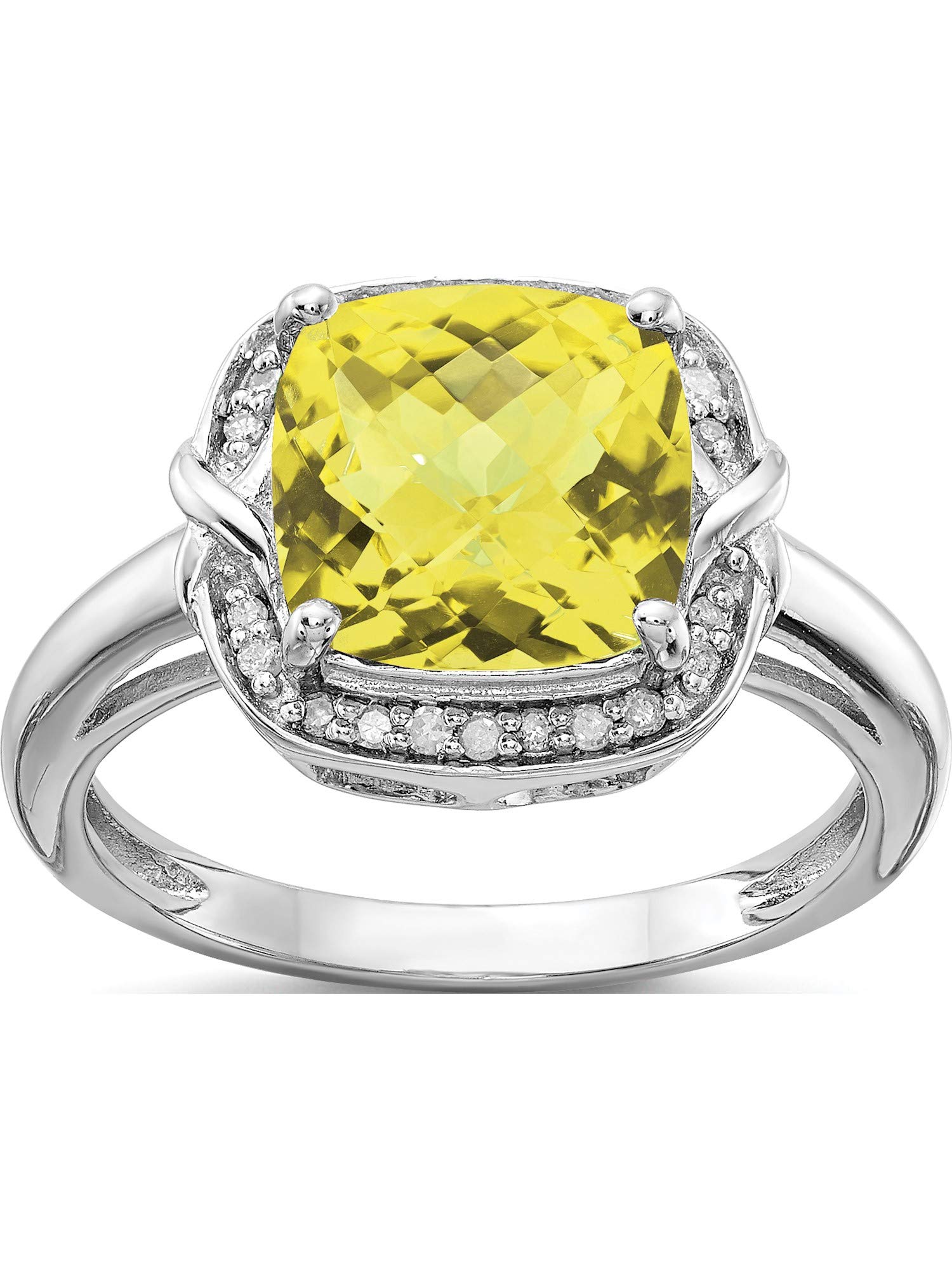 Sterling Silver Rhodium Plated Diamond & Checker-Cut Lemon Quartz Ring for Women | Elegant Statement Jewelry by Sweet Pea | Perfect for Weddings, Anniversaries & Special Occasions