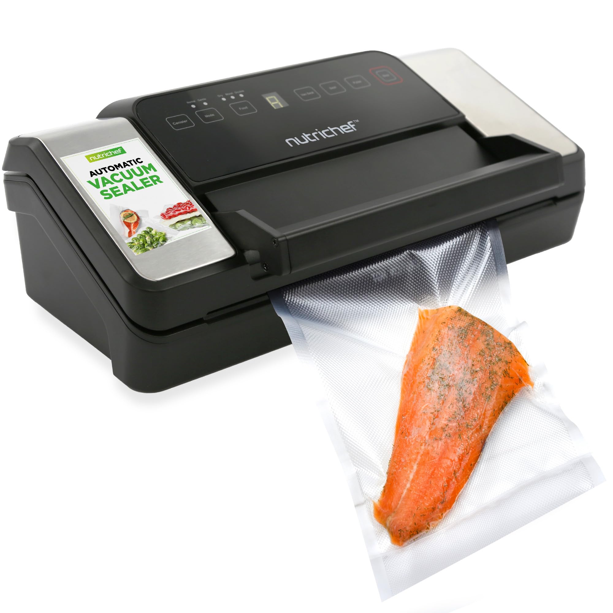 NutriChef 80Kpa Powerful Vacuum Sealer Machine for Food Preservation - Dry, Moist & Pulse Modes with Dual Seal Technology | Built-in Roll Storage & Cutter | Includes Canister Hose & Bags | Perfect for Meal Prep, Sous Vide, Freezing & Long-Term Food Storage