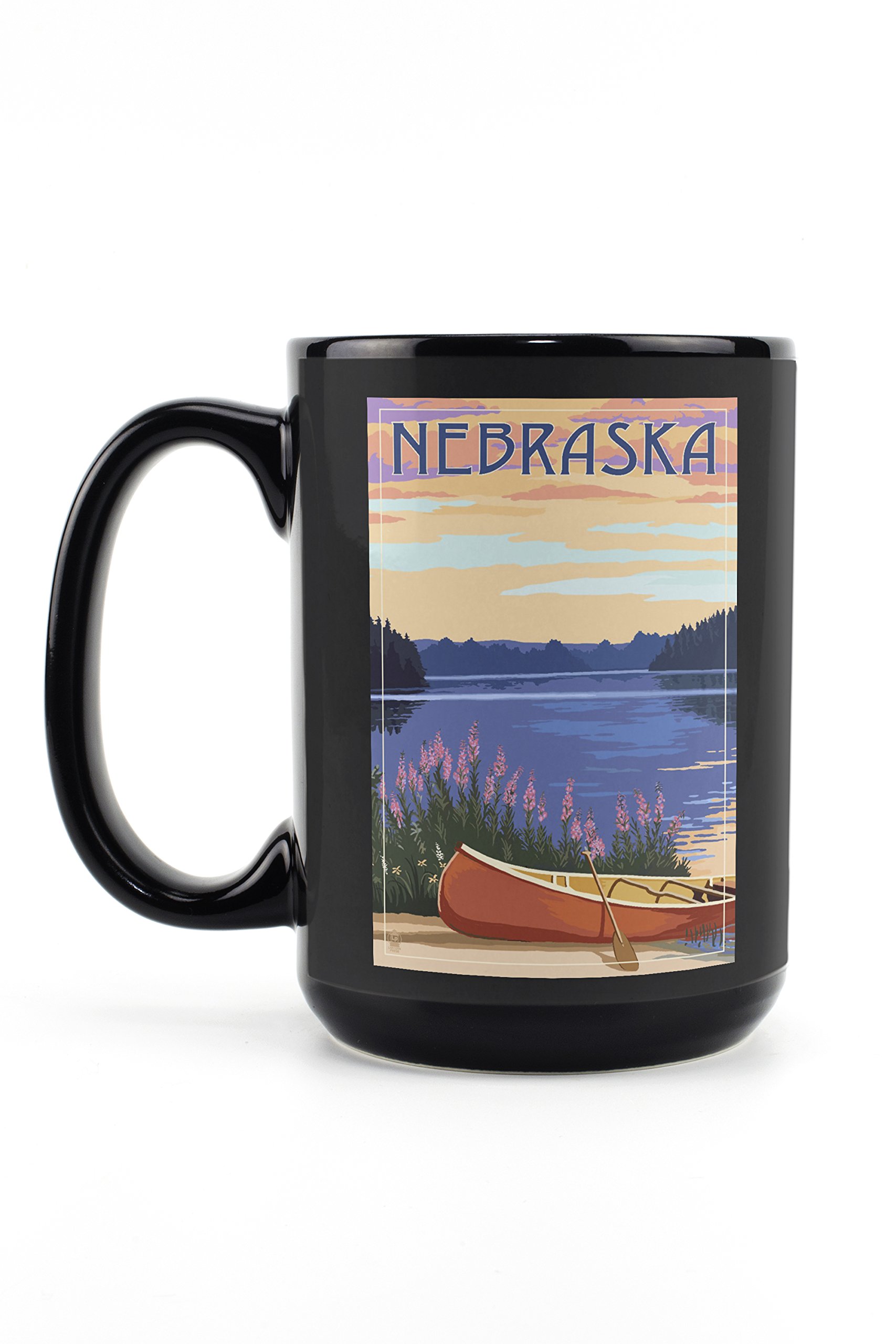 Nebraska Canoe and Lake Design 15oz Black Ceramic Coffee Mug - Microwave & Dishwasher Safe - Perfect for Camping, Office Use and Gift Giving