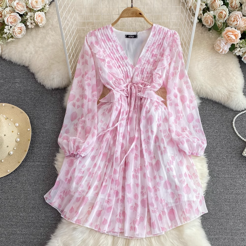 Women's Autumn Floral V-Neck Bubble Sleeve A-Line Pleated Dress 1615 | Elegant Fall Party Dress for Weddings, Office Wear & Special Occasions