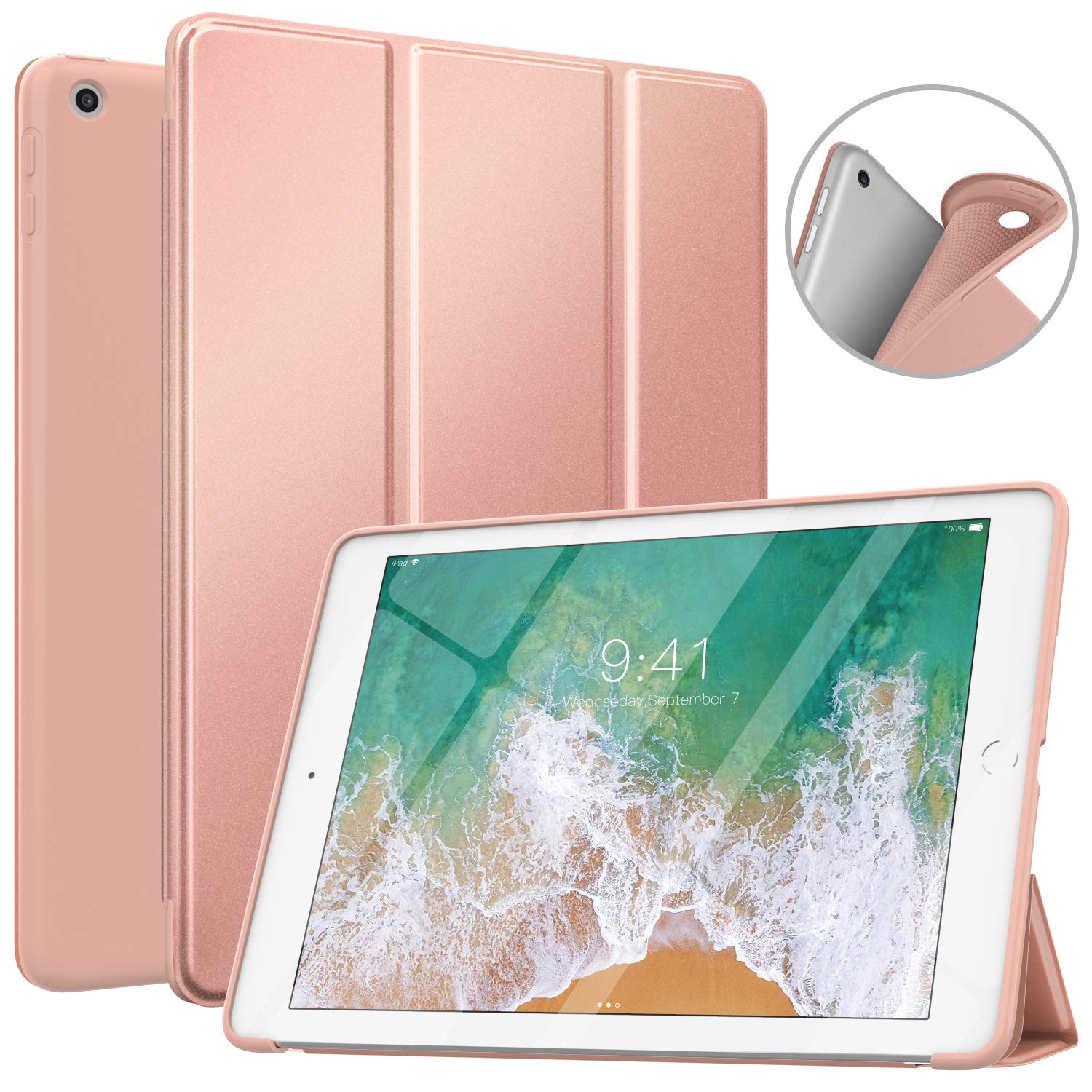 MoKo Slim Smart Shell Stand Folio Case for iPad 9.7 Inch (6th/5th Gen 2018/2017) - Rose Gold | Soft TPU Back Cover with Auto Wake/Sleep | Perfect for Work, School & Travel Protection