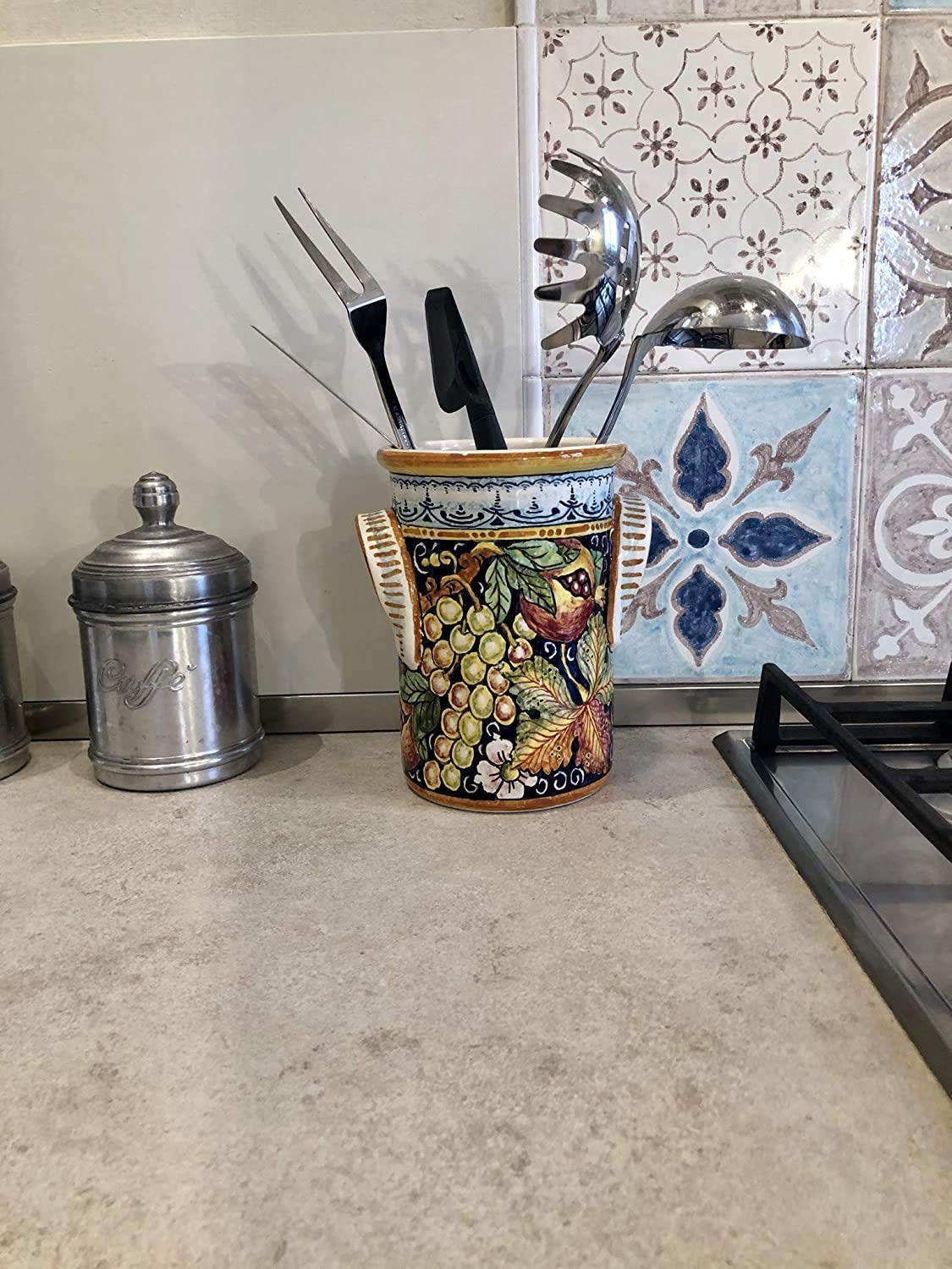 Hand-Painted Italian Pottery Utensil Holder & Wine Bottle - CERAMICHE D'ARTE PARRINI Tuscan Florence Decor with Red Grapes - Perfect for Kitchen Decor & Wine Storage
