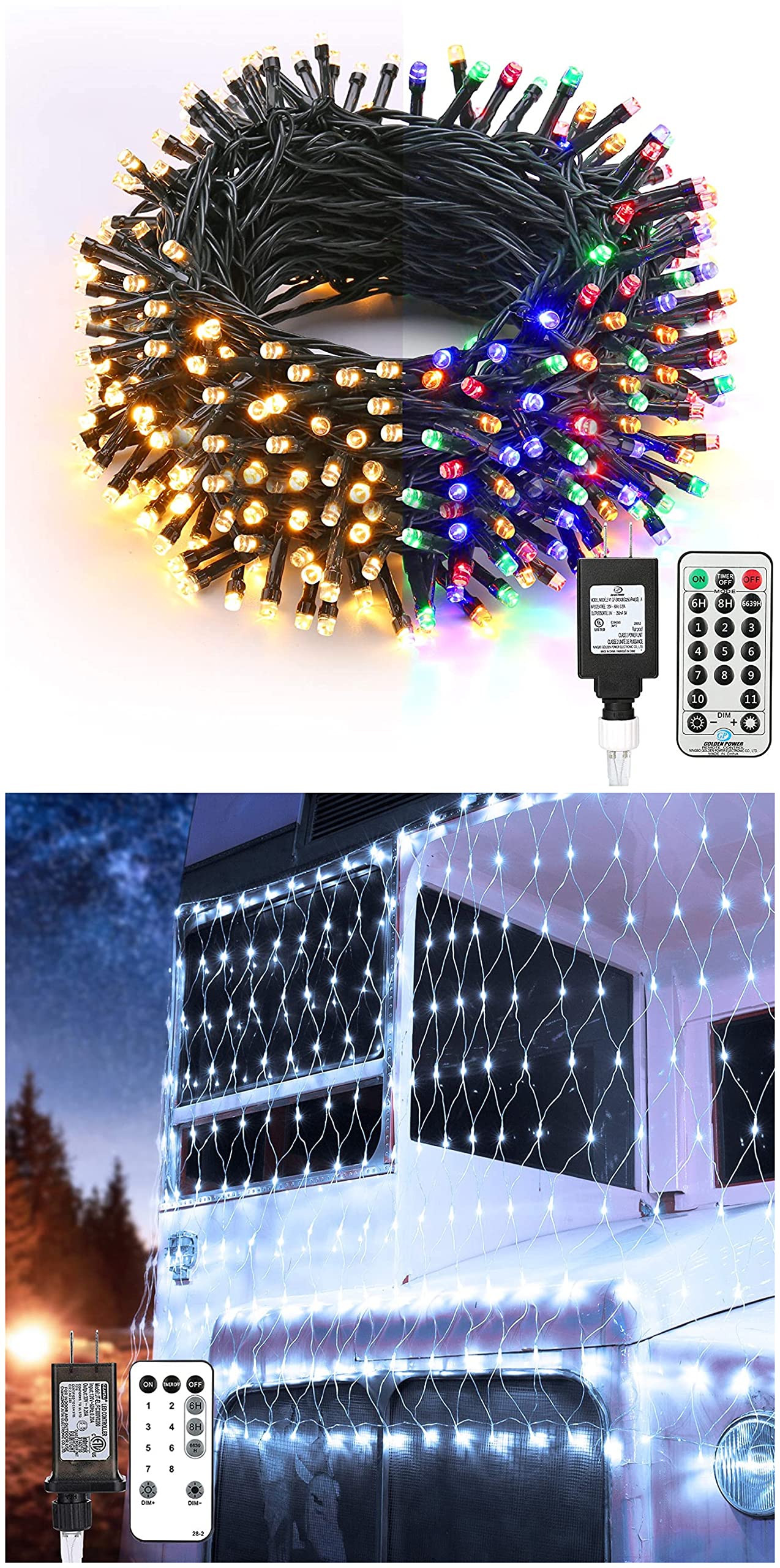 BrizLabs 300 LED Color Changing Christmas Lights - 115ft String Lights + 360 LED Net Lights (11.8ft x 4.9ft) - 8 Lighting Modes, Connectable Outdoor Christmas Decor for Fence, Garden, Bush, Yard, and Holiday Party Decoration