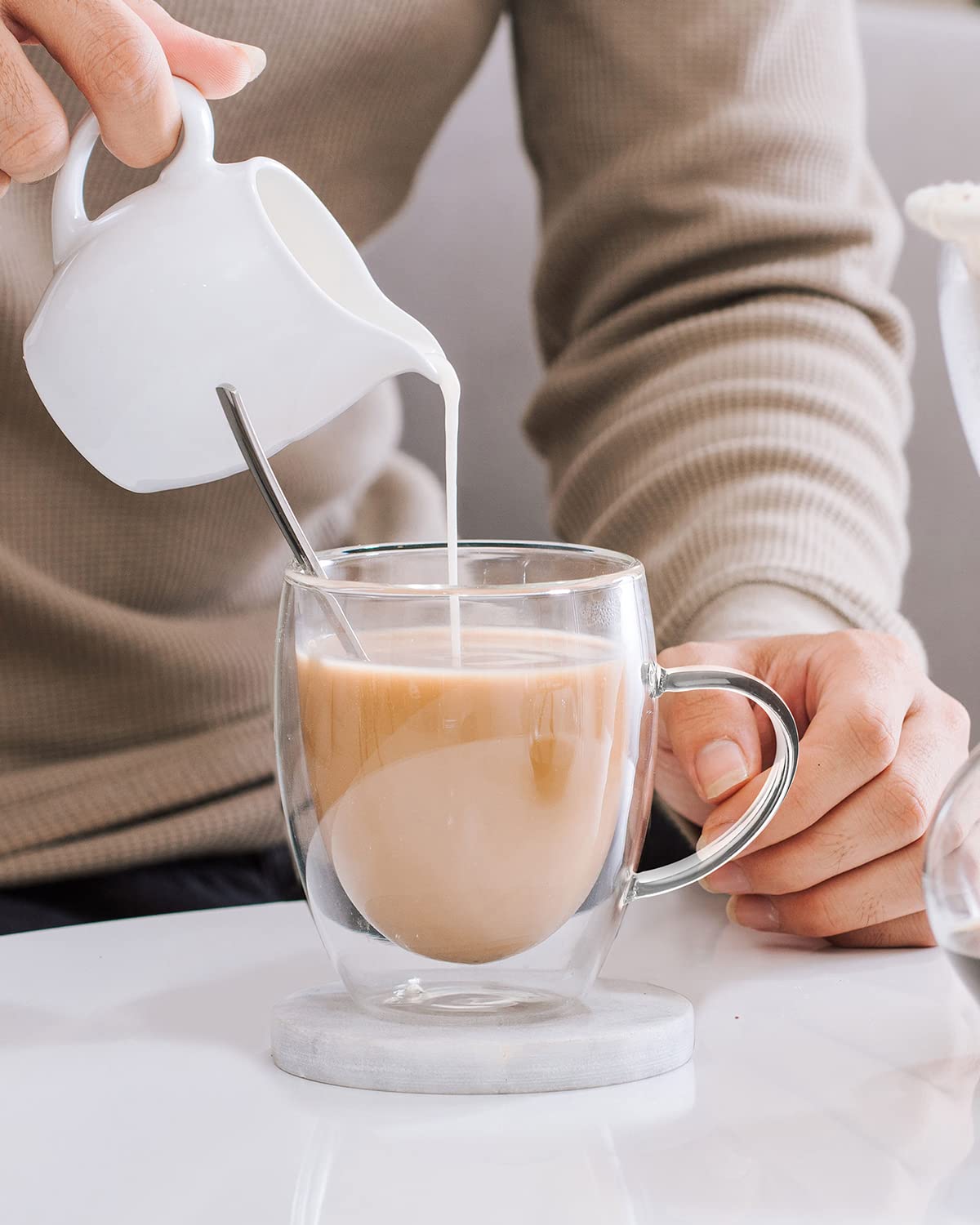 LIBWYS 2 Pack 350ml Double Walled Insulated Coffee Mugs with Lids & Spoons - Heat Resistant Glass Cups for Cappuccino, Latte, Tea - Perfect for Home, Office & Cafe Use