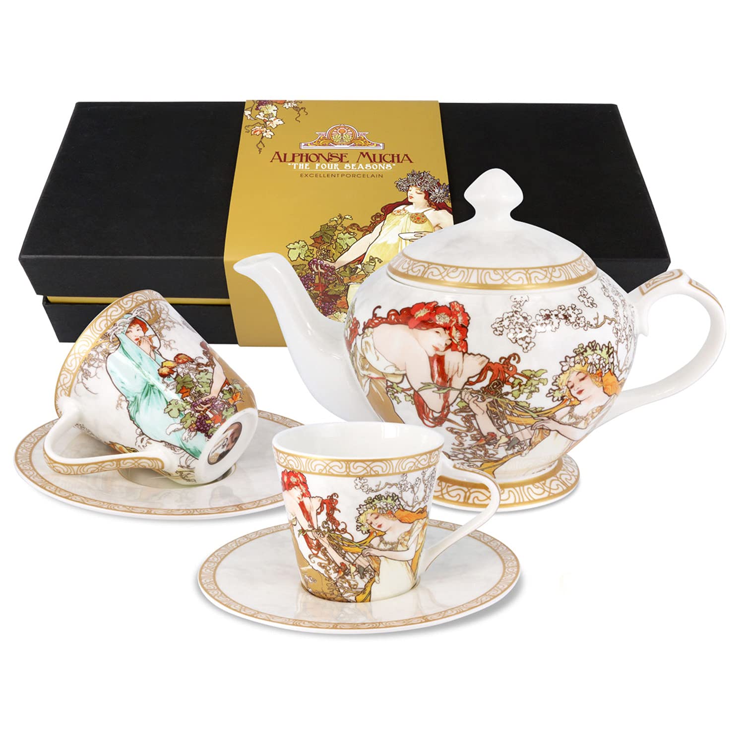 Premium Porcelain Coffee Mug Set - 22oz Tea Kettle & 2 8oz Cups with Mucha Four Seasons Art Design for Latte, Mocha, Cappuccino | Elegant Gift for Tea Party, Home Decor & Office Use