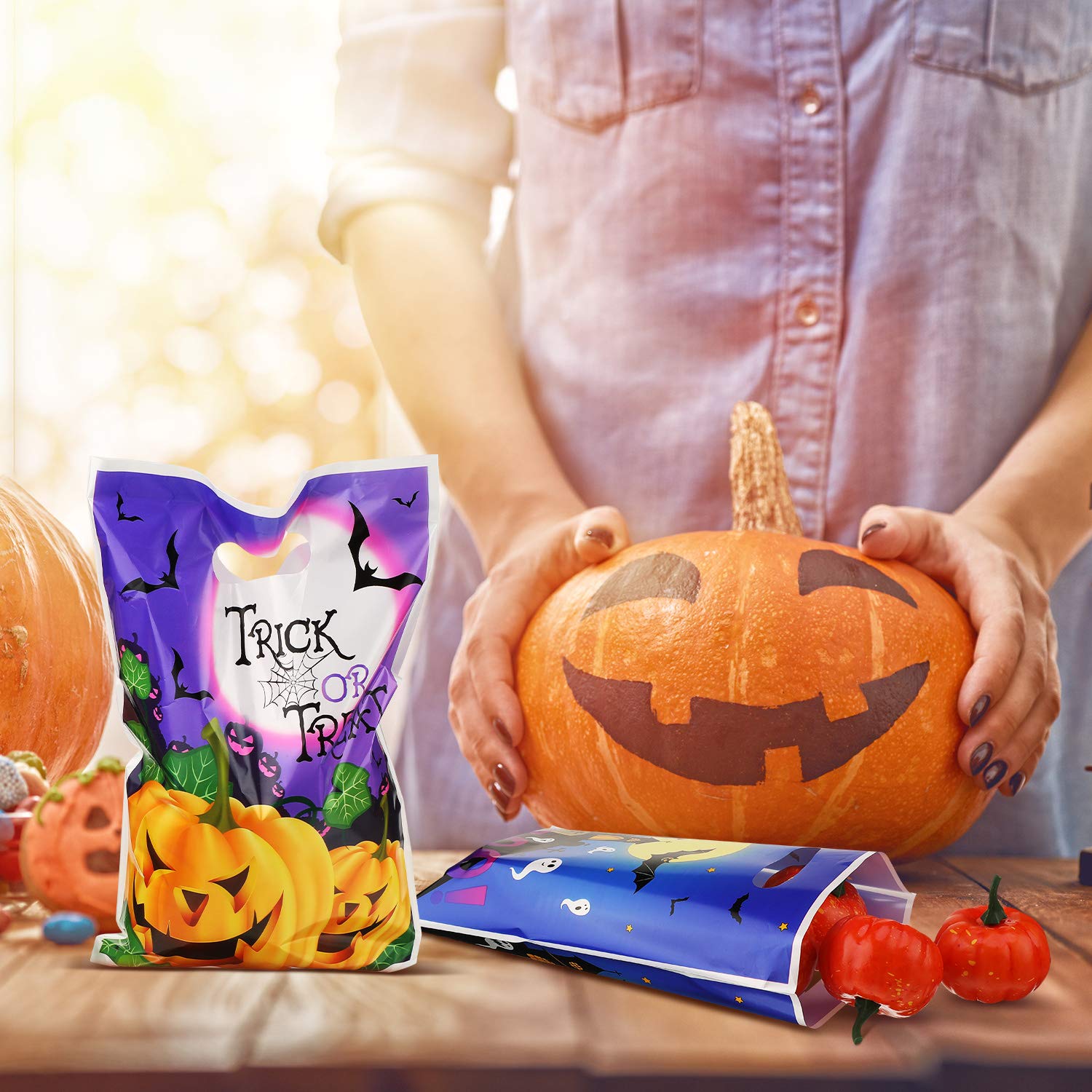 100-Piece Halloween Plastic Candy Bags - 5 Jack-O-Lantern Pumpkin Designs for Trick or Treat, Party Favors & Goodie Bags | Perfect for Halloween Parties, School Events & Neighborhood Treat Distribution