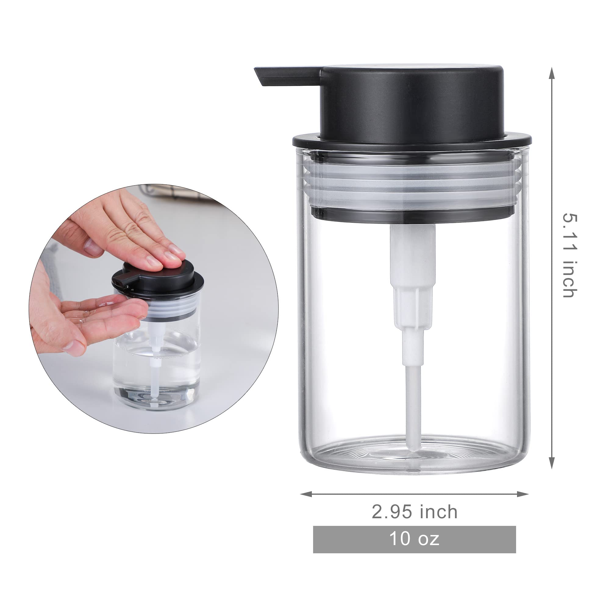 10 Oz Clear Glass Dish Soap Dispenser with Rust-Proof Plastic Pump - Refillable Round Hand Lotion Bottle for Kitchen Sink, Bathroom Counter & Vanity Organization