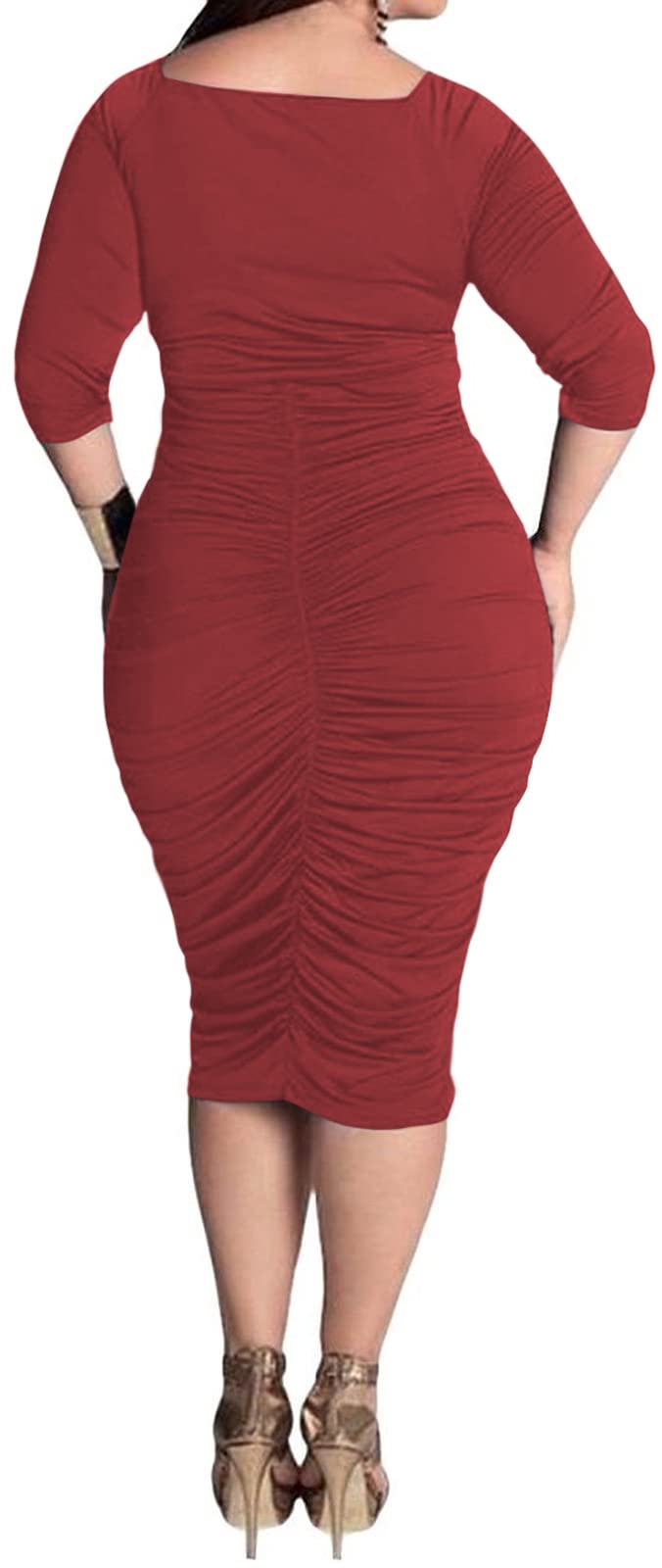 Yajedo Women's Plus Size Bodycon Dress - Sexy V Neck Short Sleeve Ruched Cocktail Midi Dress for Party, Club & Evening Wear | Flattering Figure-Hugging Design for Curvy Women