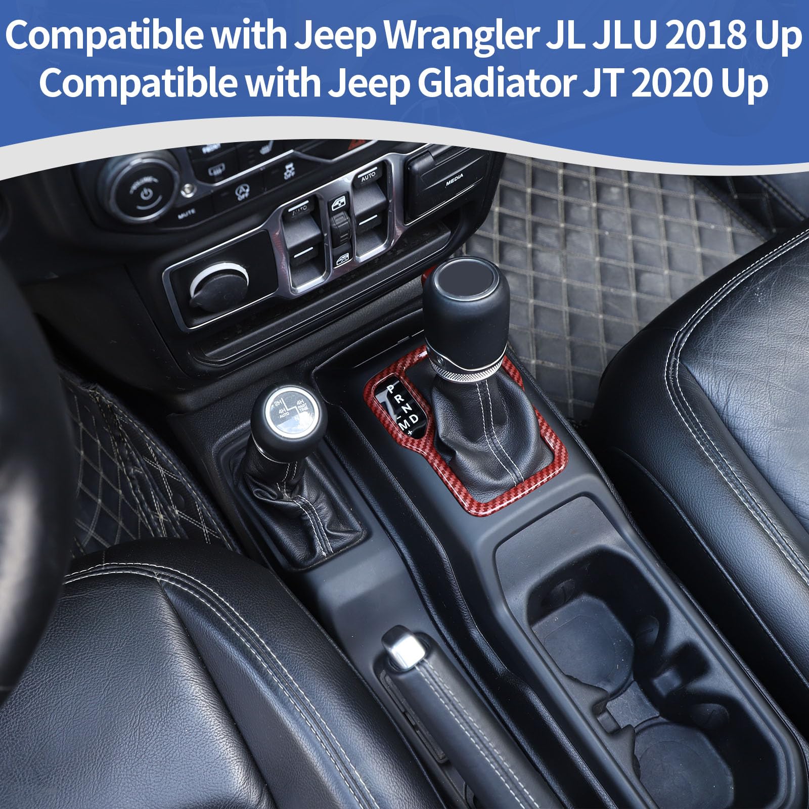 RT-TCZ Red Carbon Fiber Gear Shift Trim Cover Frame for Jeep Wrangler JL JLU & Gladiator JT (2018-2024) - Interior Accessories | Enhances Dashboard Style & Protects Gear Shift | Perfect for Off-Road Adventures & Daily Commutes