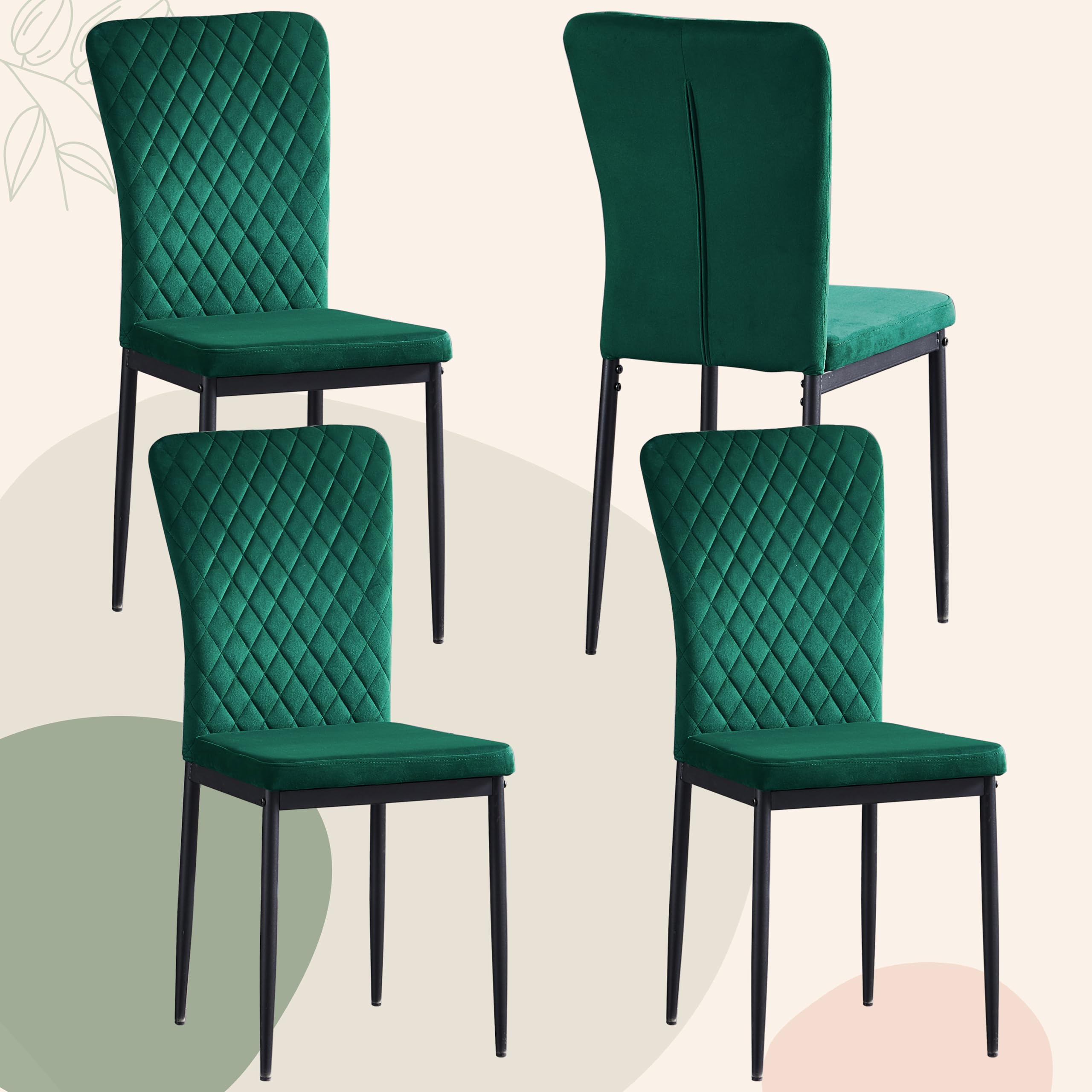 4 Pack Velvet Dining Chairs Set - Modern High Back Kitchen & Living Room Chairs with Metal Frame & Lattice Design in Green - Perfect for Home Dining, Breakfast Nook, and Small Space Decor