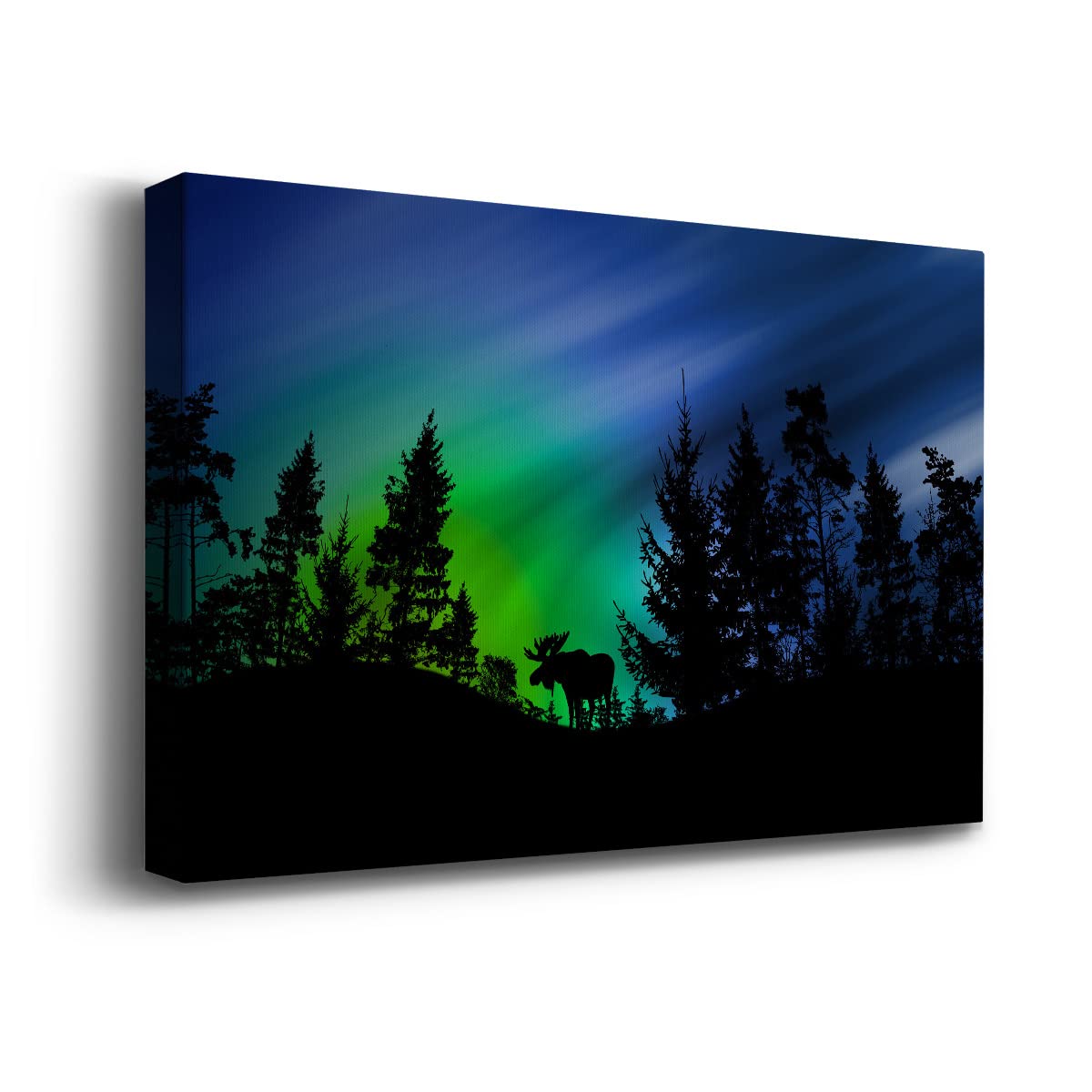 Northern Lights Wall Art - Aurora Borealis Forest & Moose Landscape Canvas Print 32