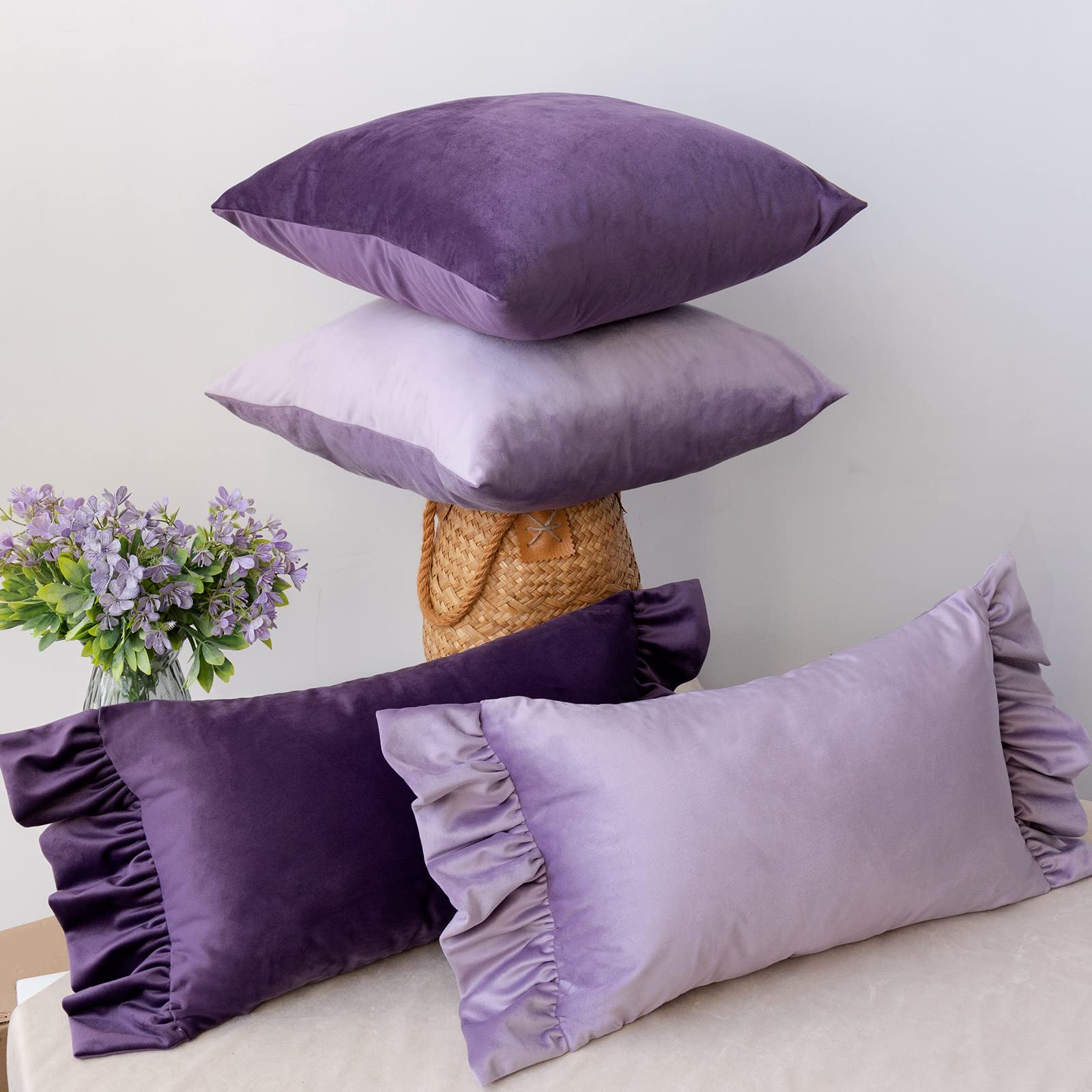Tayis 4-Pack Purple Velvet Throw Pillow Covers Set - 12x20 Inch Decorative Lumbar & Square Cushion Cases with Ruffles for Sofa, Couch, Living Room, Bedroom - Soft Home Decor Accent Pillows