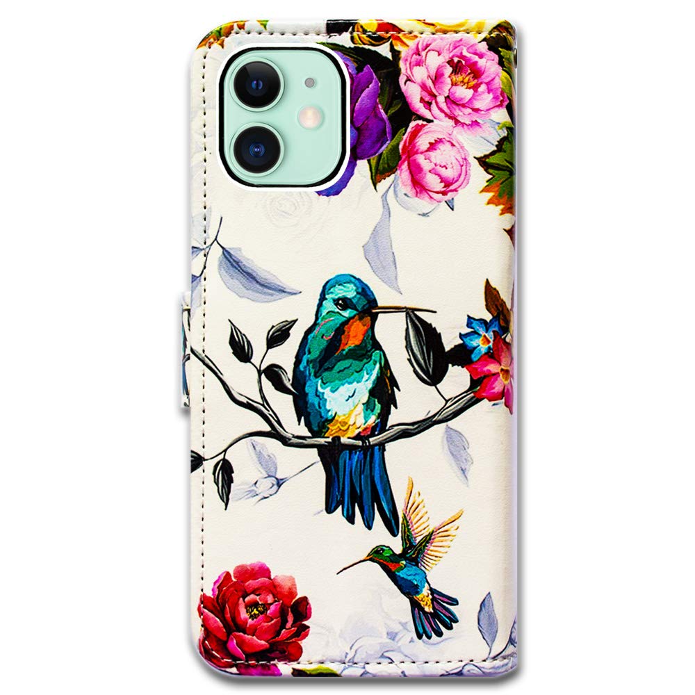 Premium Leather Flip Wallet Case for iPhone 12 Mini with Card Slots & Kickstand - Floral Hummingbird Design, Protective Cover for Everyday Use & Travel